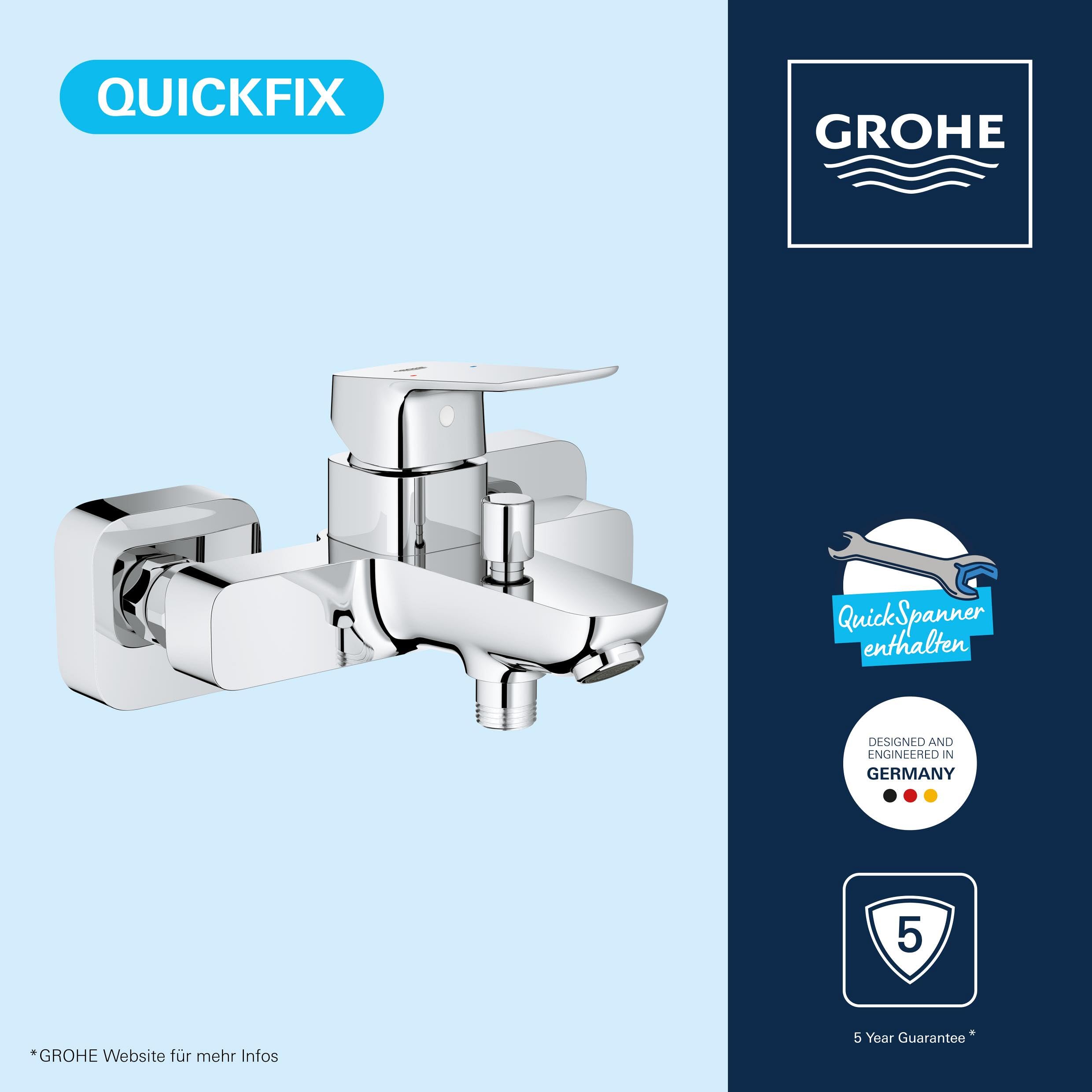 GROHE Dice, Badewannenarmatur, mit Werkzeug (Duscharmatur für die Badewanne, Mischbatterie mit automatischer Umstellung Wanne/Brause, mit integriertem Rücklaufventil), chrom, 1018720000