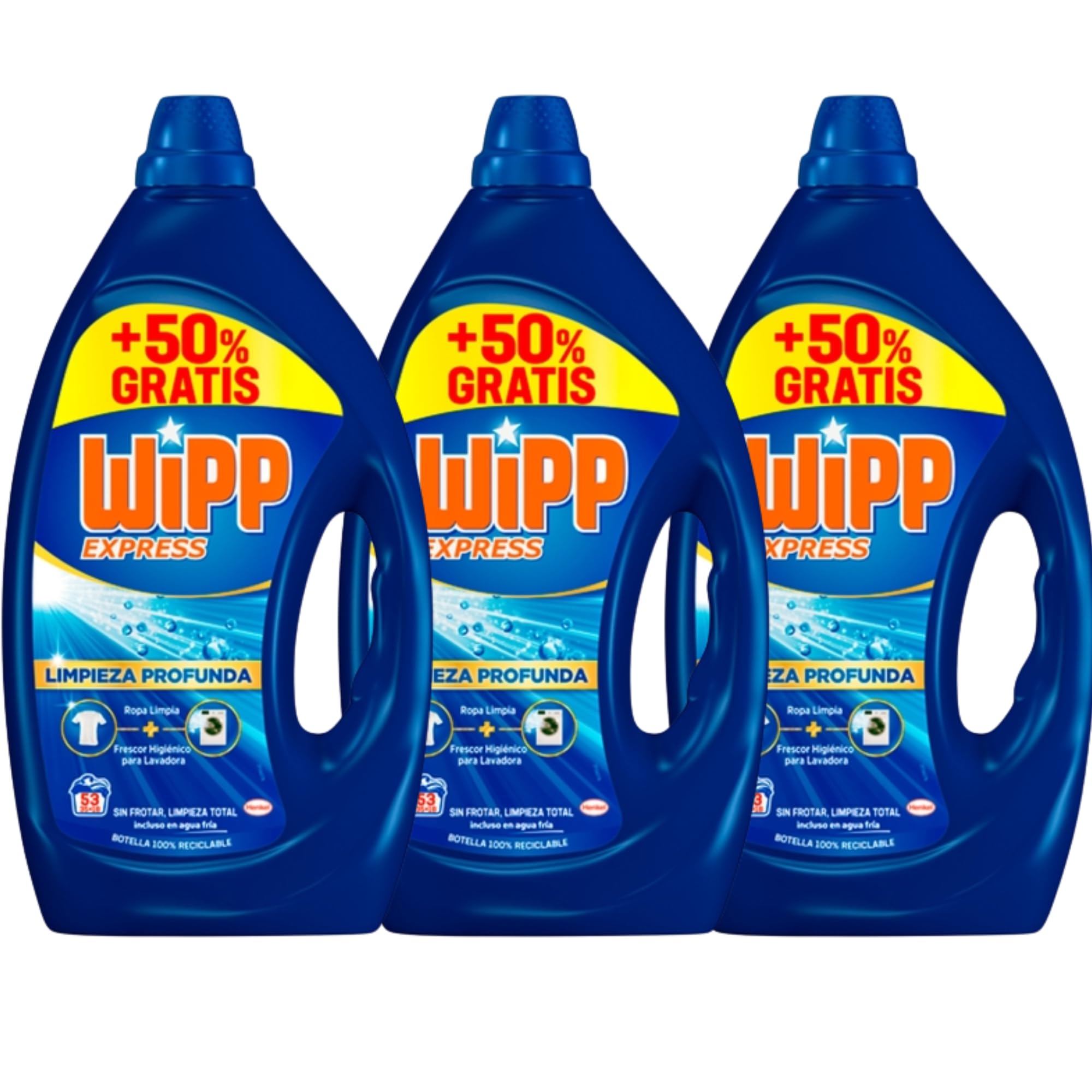 Wipp Express Limpieza Profunda Plus Frescor Activo, Detergente Liquido para Lavadora, 53 lavados - Pack de 3 - Total 159 lavados - Total 7,15 Litros