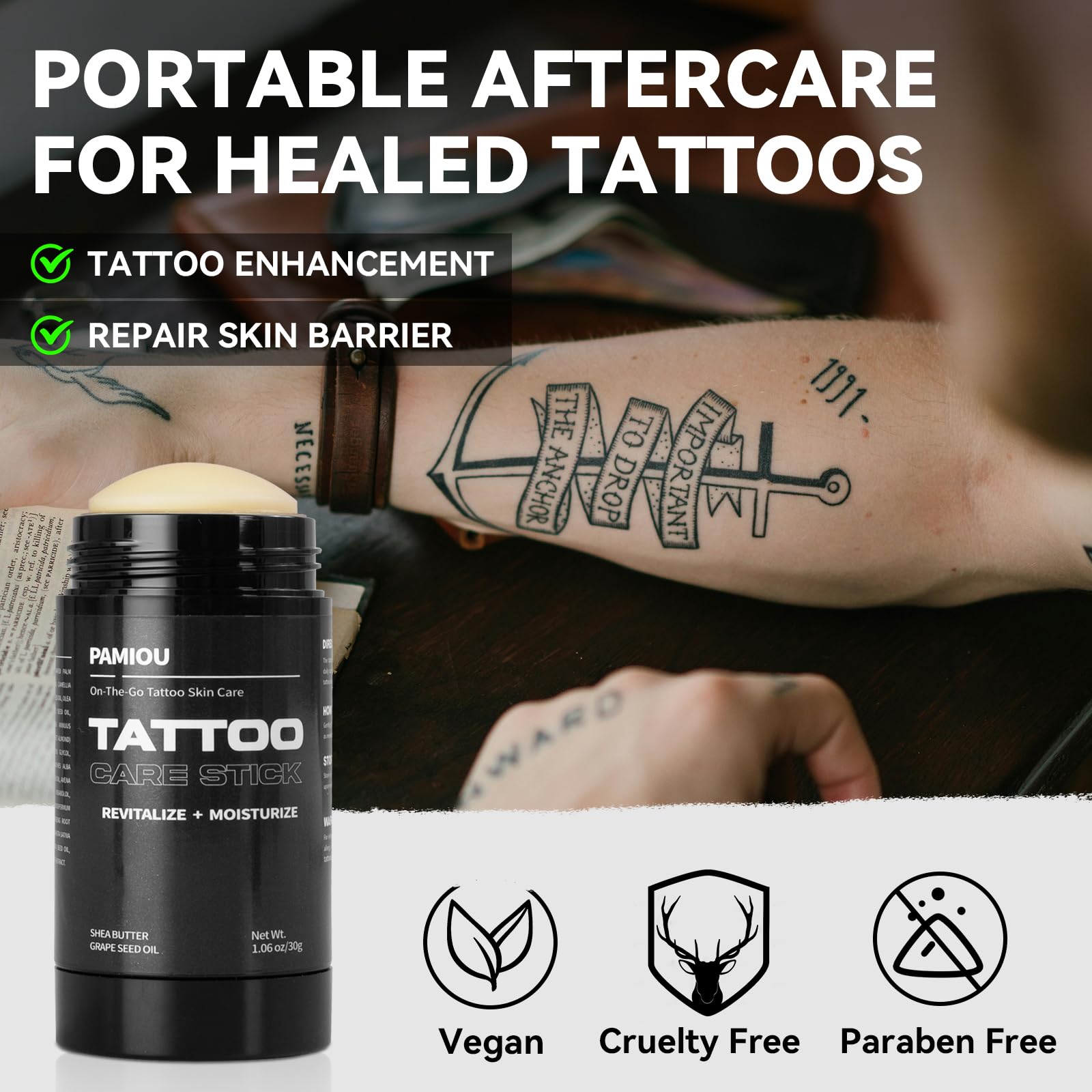 Pamiou Tattoo Aftercare Tattoo Butter Balm, On The Go Tattoo Care Stick, Portable Balm For Color Enhancement, Brightener & Moisturizer With Naturally Derived Ingredients - 1 oz