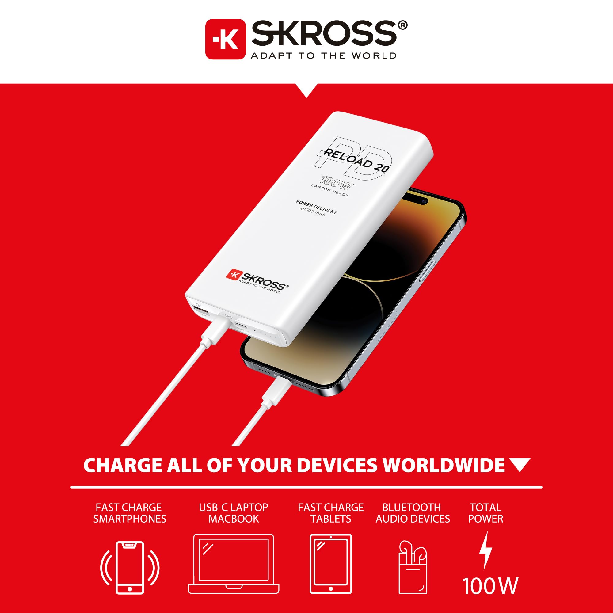 SKROSS - Reload 20 100 W PD - przenośna ładowarka - powerbank 20 000 Mha - 3 porty USB do szybkiego ładowania i kabel USB C o długości 20 cm wchodzą w zakres dostawy