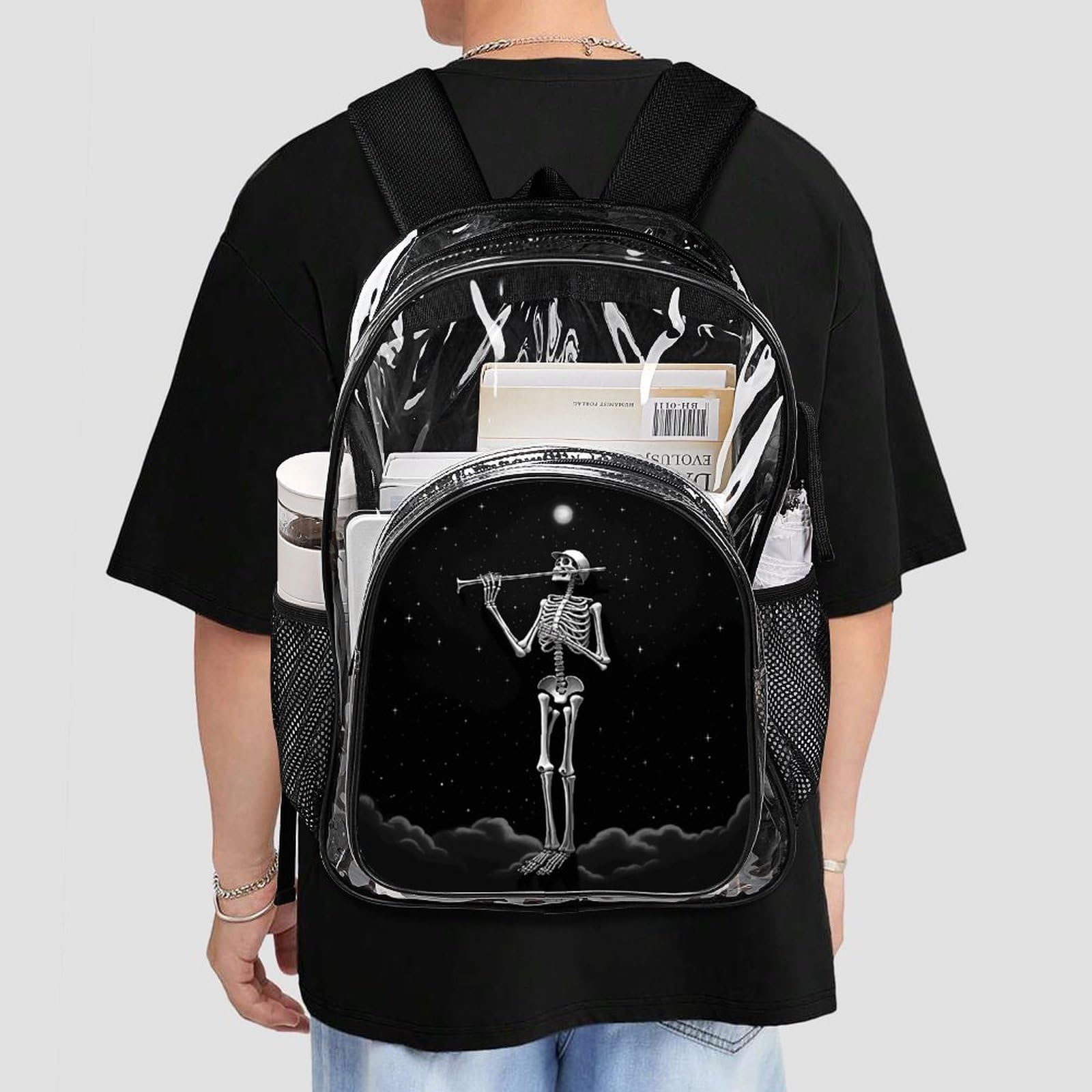 Transparenter Rucksack, Motiv: Skelett in der Nacht, groß, transparent, PVC, Büchertasche für Sicherheit, Arbeit, Reisen, Stadion