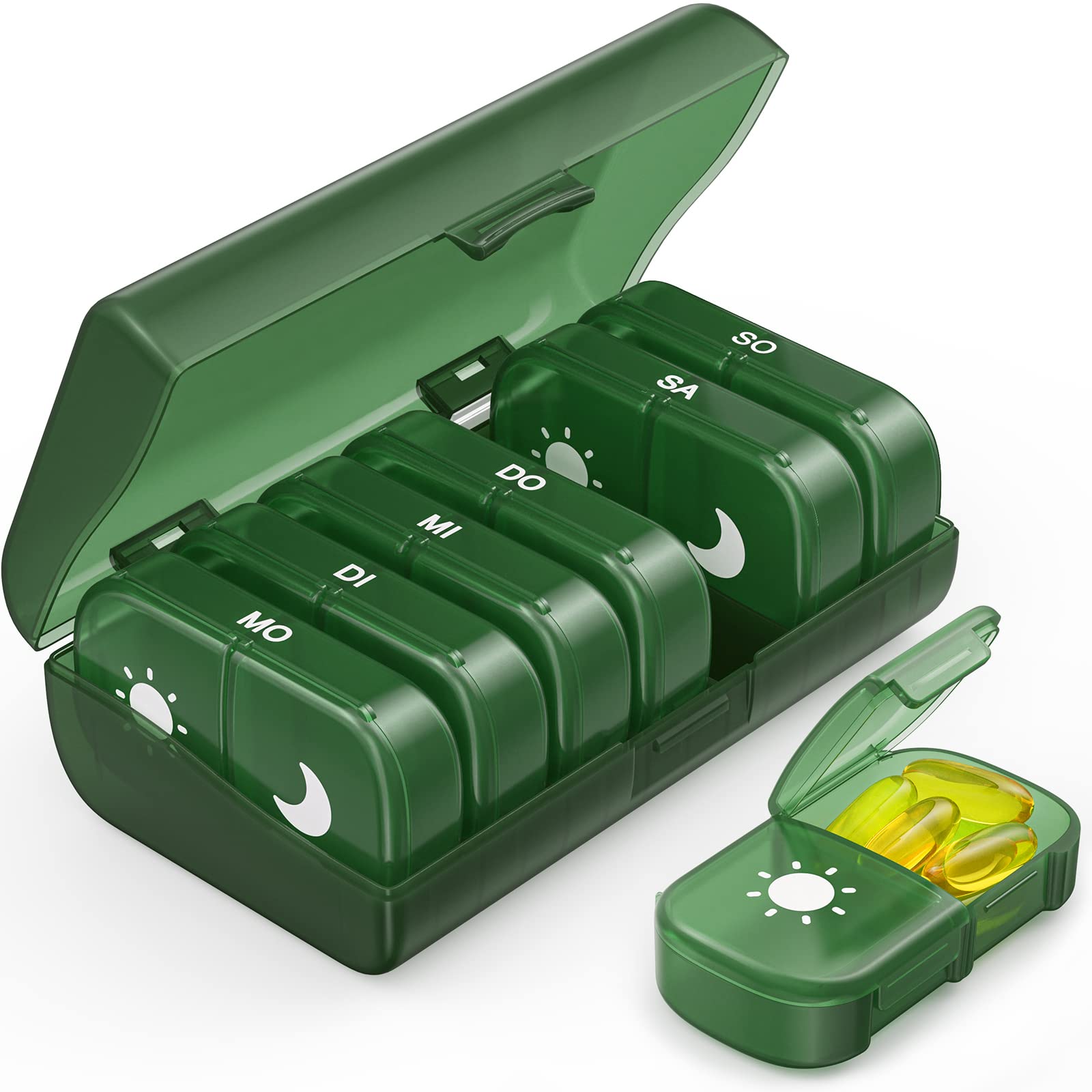 AUVON Tablettenbox 7 Tage Morgens Abends, Pillendose 7 Tage 2 Fächer, handlicher und feuchtigkeitsbeständiger Medikamentenbox für die Hand- oder Hosentasche, um Medikamente aufzubewahren (Grün)