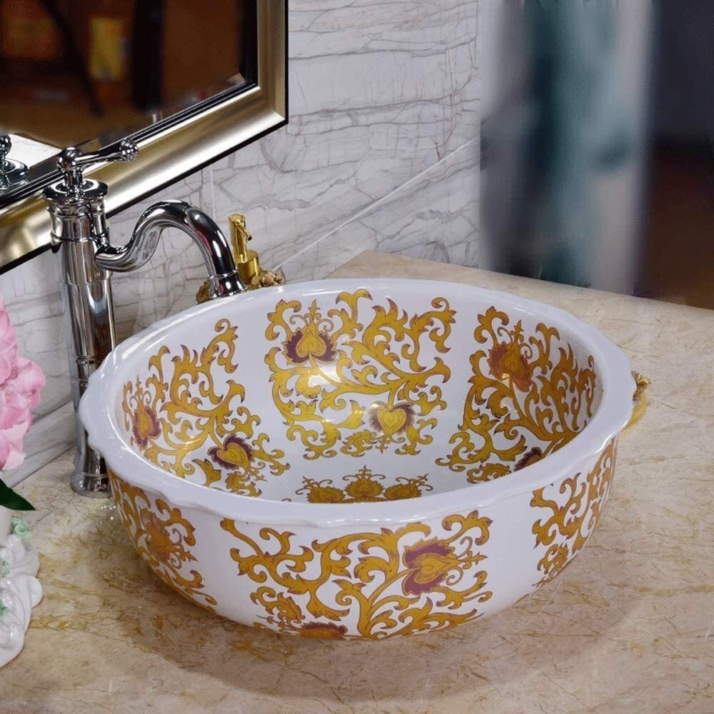 Szafka Pod Umywalkę Z Umywalką, Umywalka Łazienkowa, Umywalka Nablatowa, Ceramiczna Umywalka Łazienkowa W Stylu Vintage, Okrągła, Biała, Porcelanowa, Ręcznie Malowana