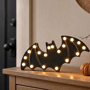 Halloween Decorations-Wooden Light Up Bat | Halloween Decor for Tabletop Fireplace Mantel Porch Kitchen Home Wall Party Decorations