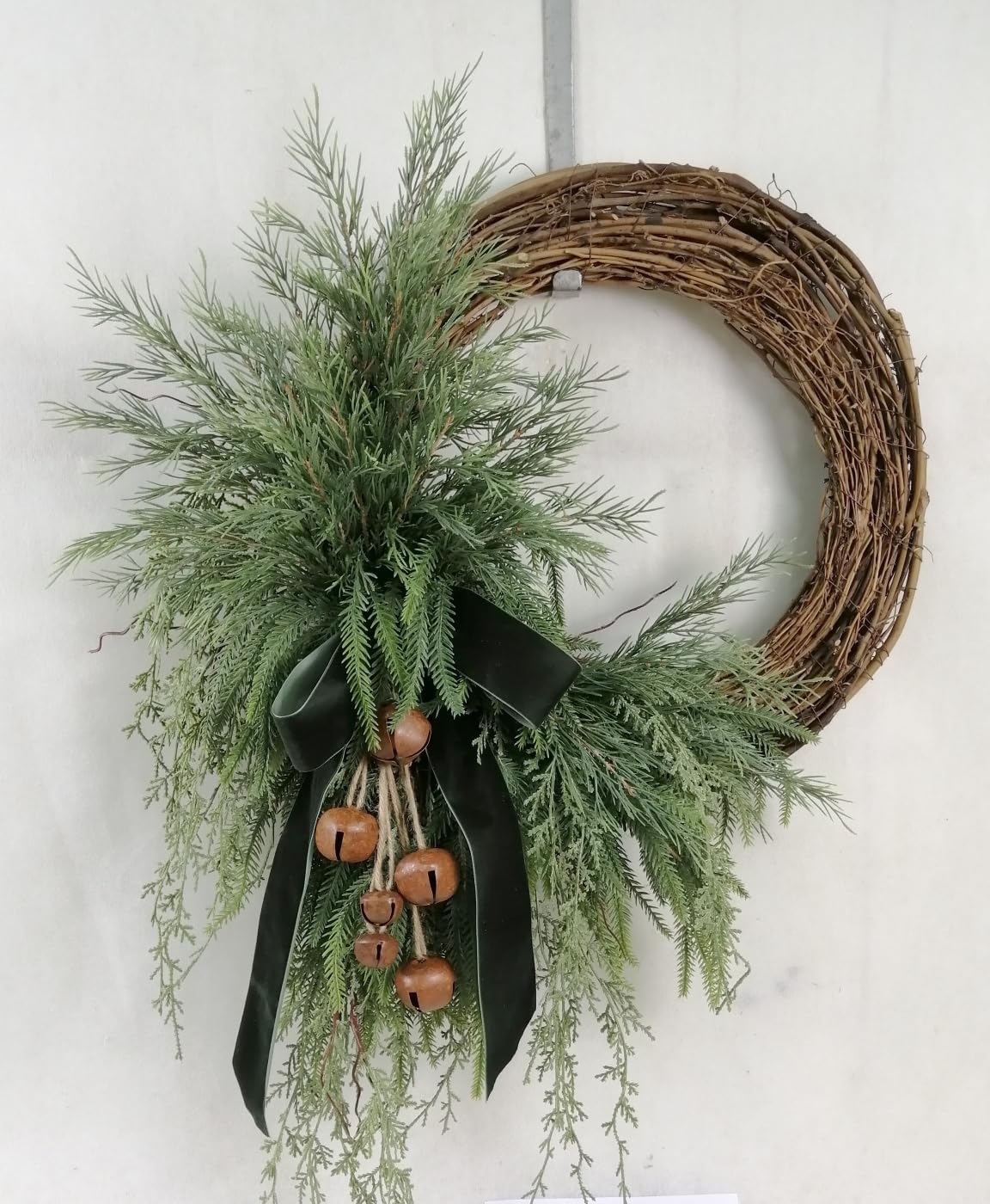 Hobby Lobby Cedar & Jingle Bells Half Wreath, 29 x 29 inches, Green Velvet Bow, Rustic Bells, Round Shape