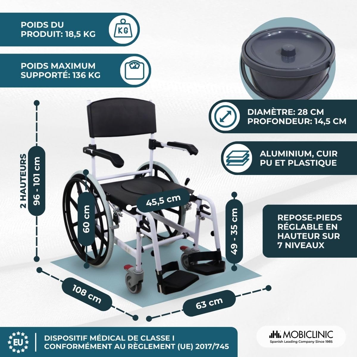 Mobiclinic®, Chaise de Bain et de Douche à Roulettes, Toilette Portable, Avec Cuvette Amovible, Automotrice, Réglable en Hauteur, Repose-pieds et Accoudoirs Rabattables, Caligula