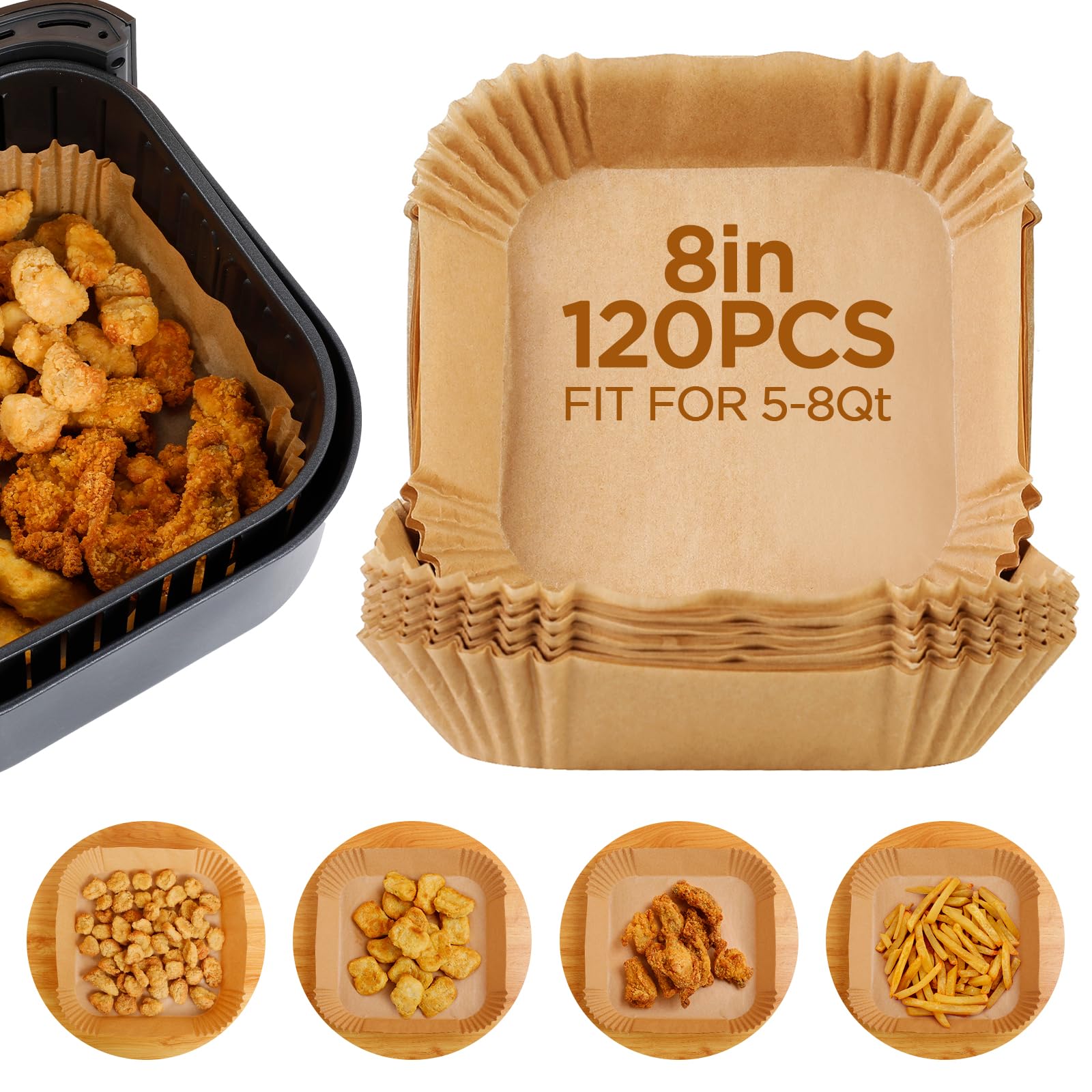 Romon Papel Freidora Aire, 120 Unidades Air Fryer Papel para Freidora de Aire 20 cm, Papel Horno Freidora Aire Desechable para Horno, Accesorios para Freidora sin Aceite de 5 a 8 litros (Cuadrado)