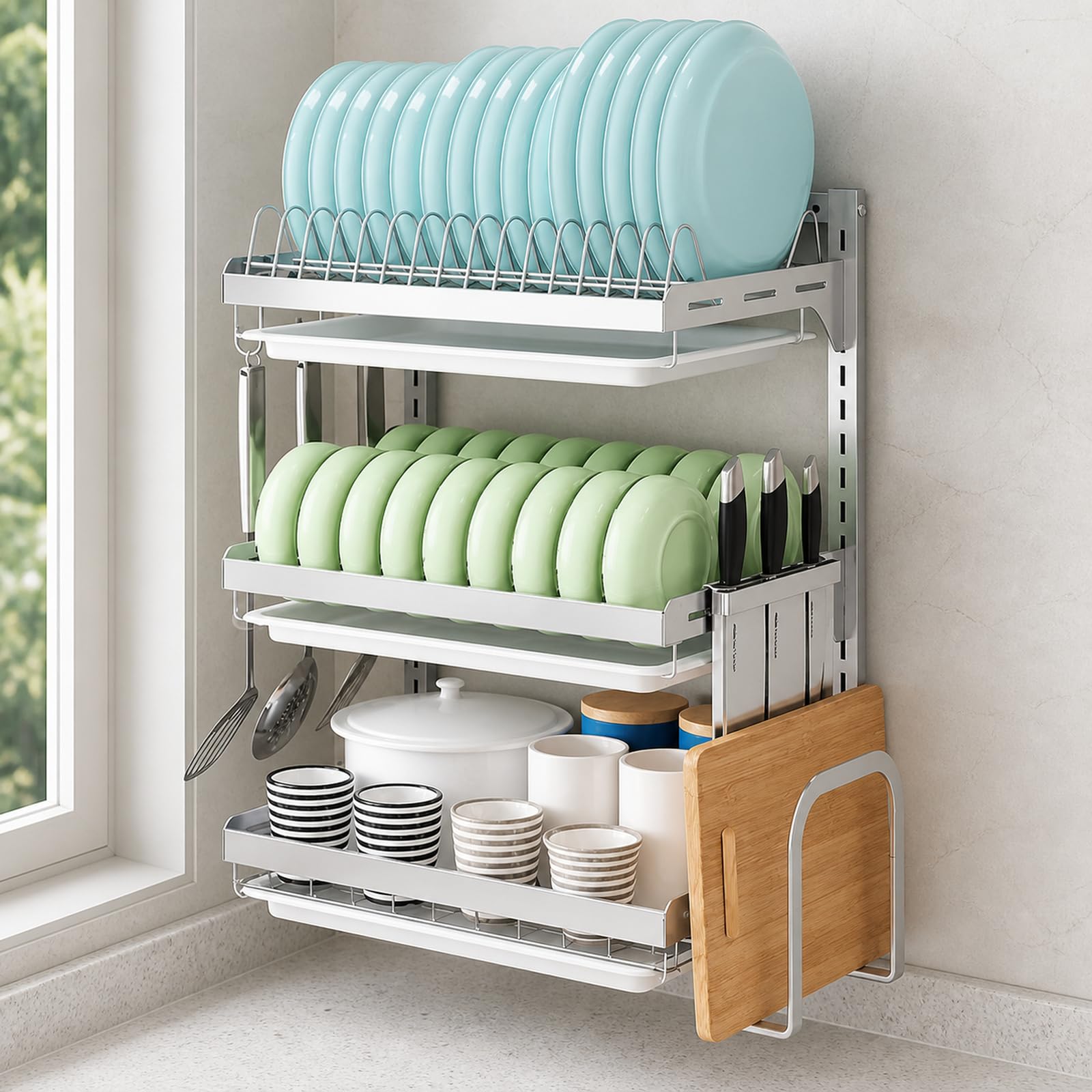 Escurridor de Platos de Pared,Escurridor de Platos Montado en la Pared,Escurreplatos De Pared De Acero Inoxidable,Ahorra Espacio,para Platos,Cuencos y Tablas de Cortar