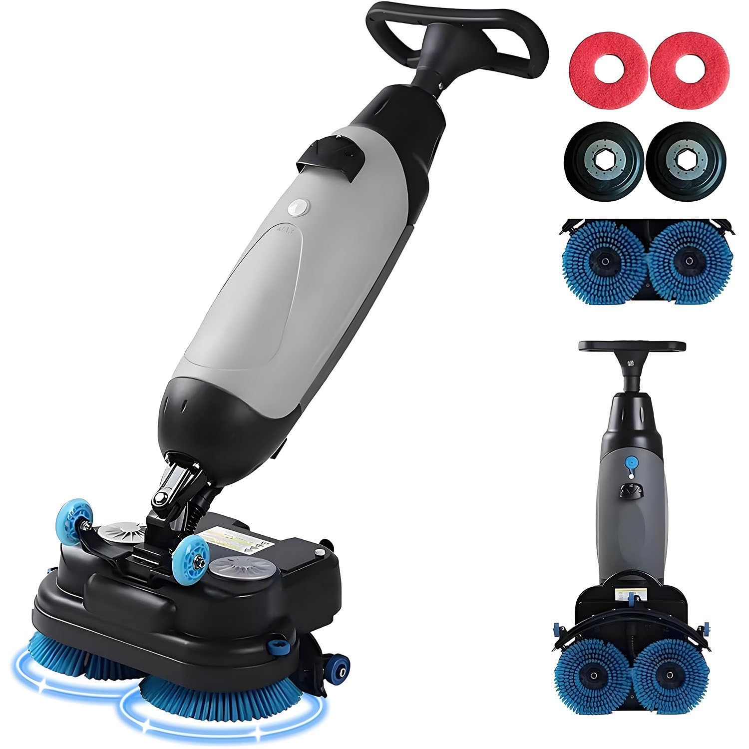 JozyJul 17" Commercial Floor Scrubber Machine with Double Brush Disc Battery-Powered Multi-Functional Floor Buffer Machine 360°Rotation,13000 sqft,360 RPM Motor,1-Gal Tank Grey