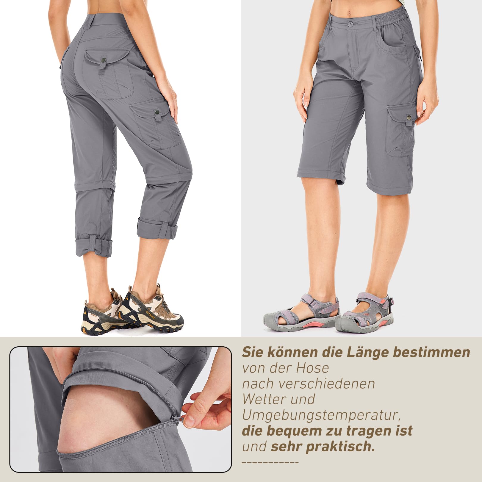 Damen-Wanderhose-Zip-Off-Trekkinghose, Atmungsaktiv Wanderhose Damen Schnell Stretch Trekkinghose Abnehmbar Funktionshose Outdoorhose Sommer Hiking Pants