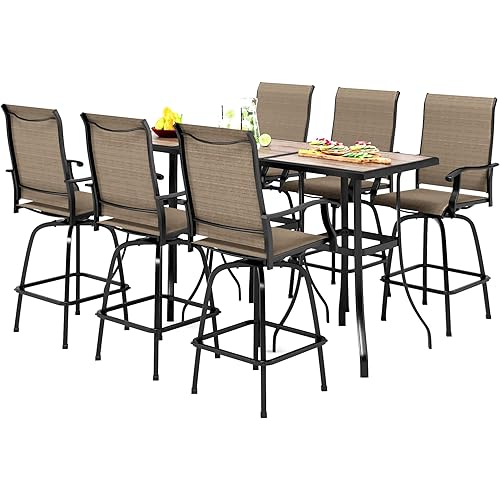 PHI VILLA Patio Swivel Bar Stool Set of 9, Textilene Bar Height Chair with Armrest and Wood Like Bar Table, All-Weather Furniture Set for Garden Lawn