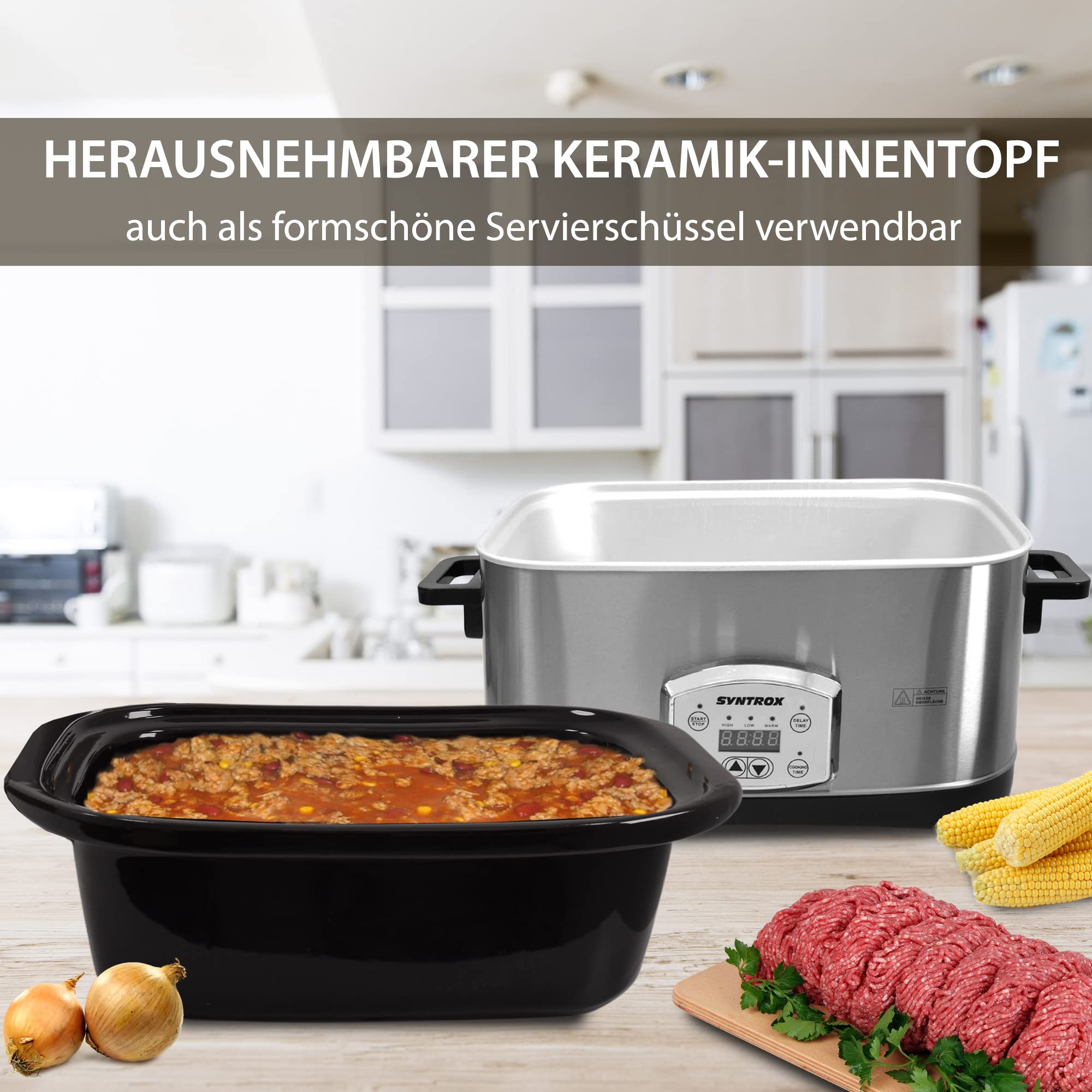Syntrox Germany Digitaler Slow Cooker Schongarer 7,5L mit 3 Heizstufen, Timer und Warmhaltefunktion - Leistung 320 Watt
