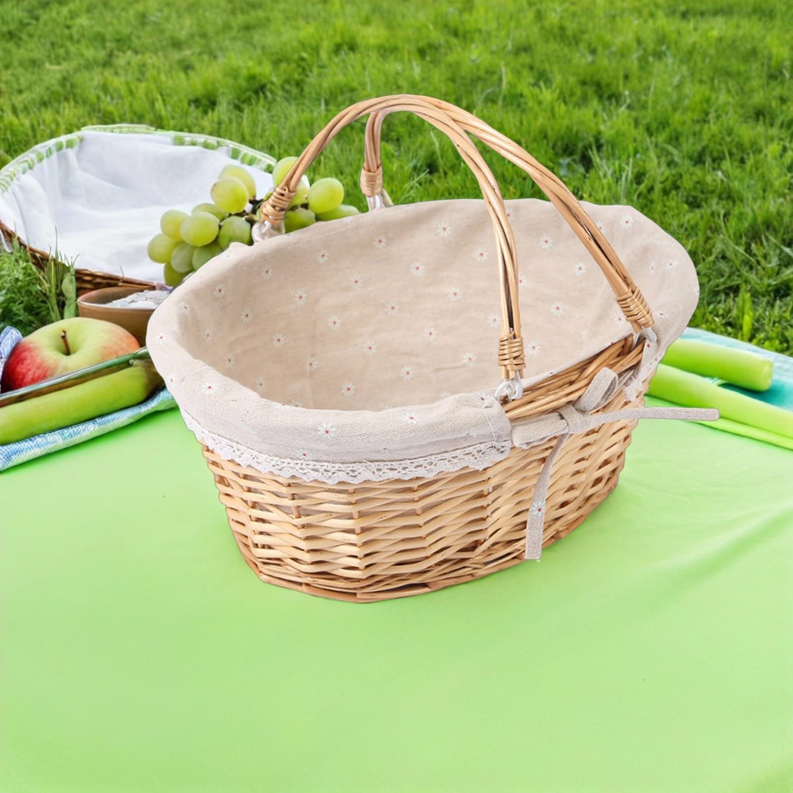Handgeflochtener Weidenkorb mit Henkel und Futter Blumenkorb für Hochzeiten und Partys Vielseitiger Aufbewahrungskorb in Khaki für Picknick und Dekoration