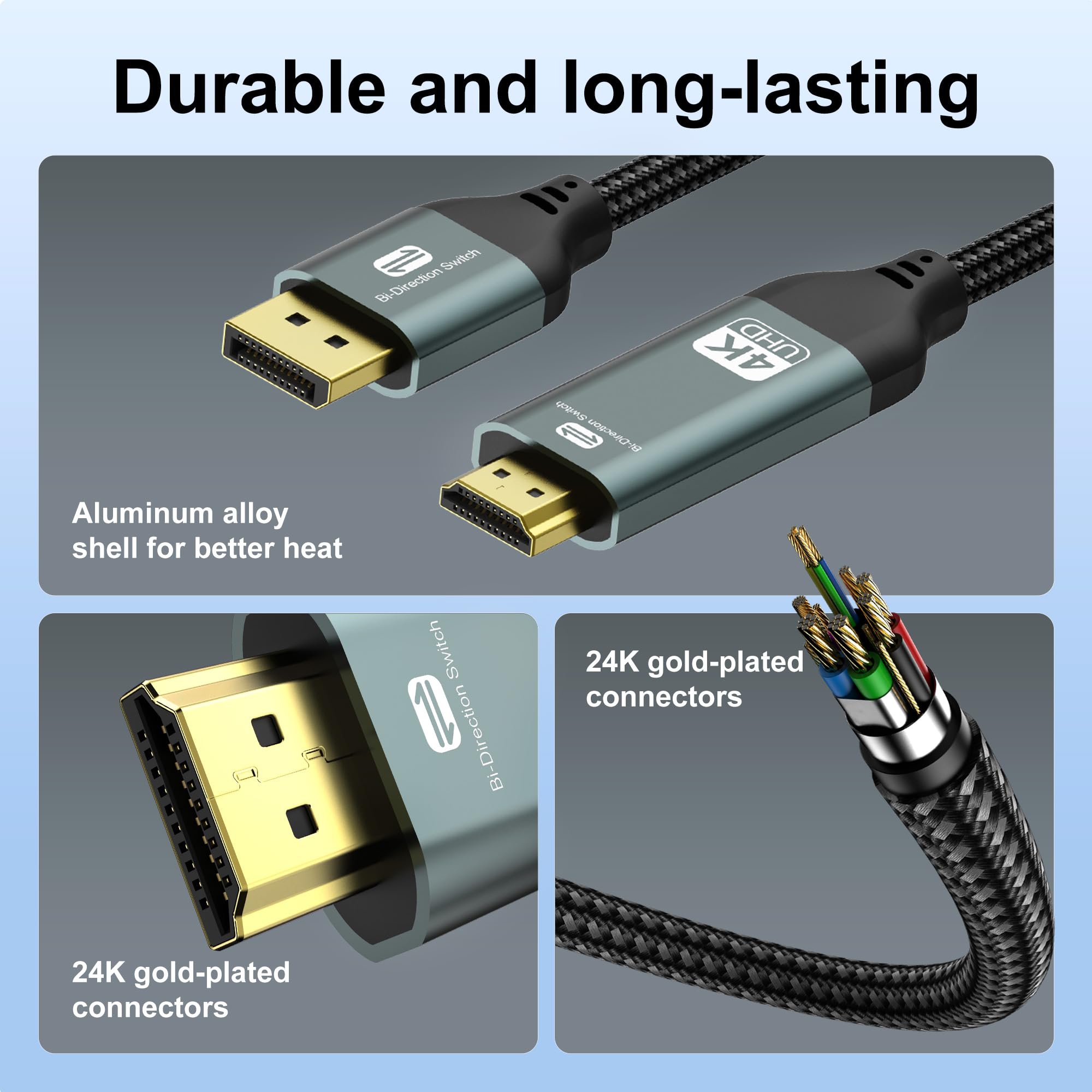 Câble HDMI bidirectionnel 4K vers Displayport (4K @ 60 Hz/2K @ 120 Hz) mâle vers mâle adaptateur bidirectiona Display Port vers HDMI cordon tressé, DP vers HDMI compatible avec AMD, NVIDIA
