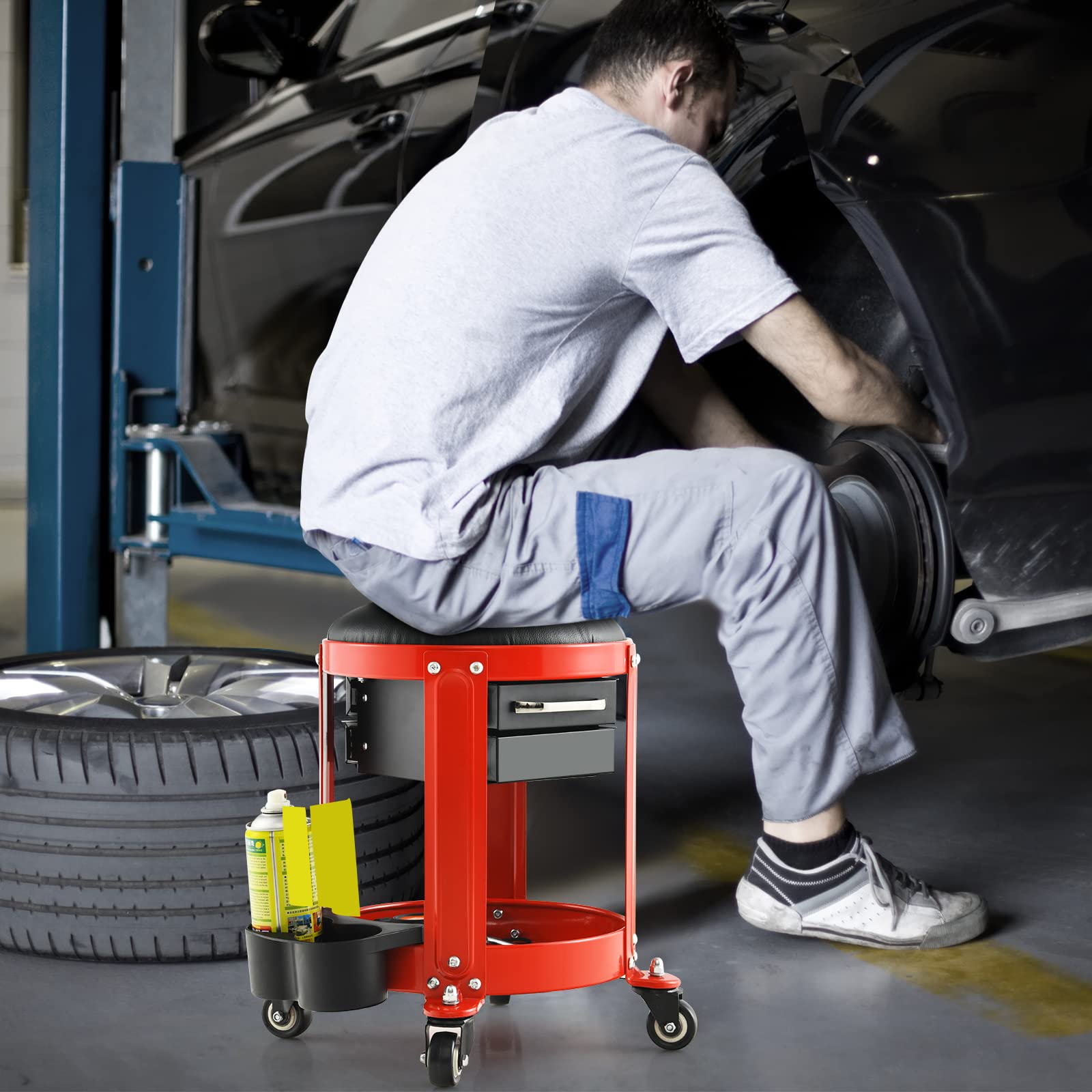 GYMAX Taburete Taller con Ruedas, hasta 150 kg, Taburete con Ruedas con Cajones Dobles, Soporte para Latas y 4 Ruedas Universales, Taburete Mecánico con Bandeja para Taller y Garaje