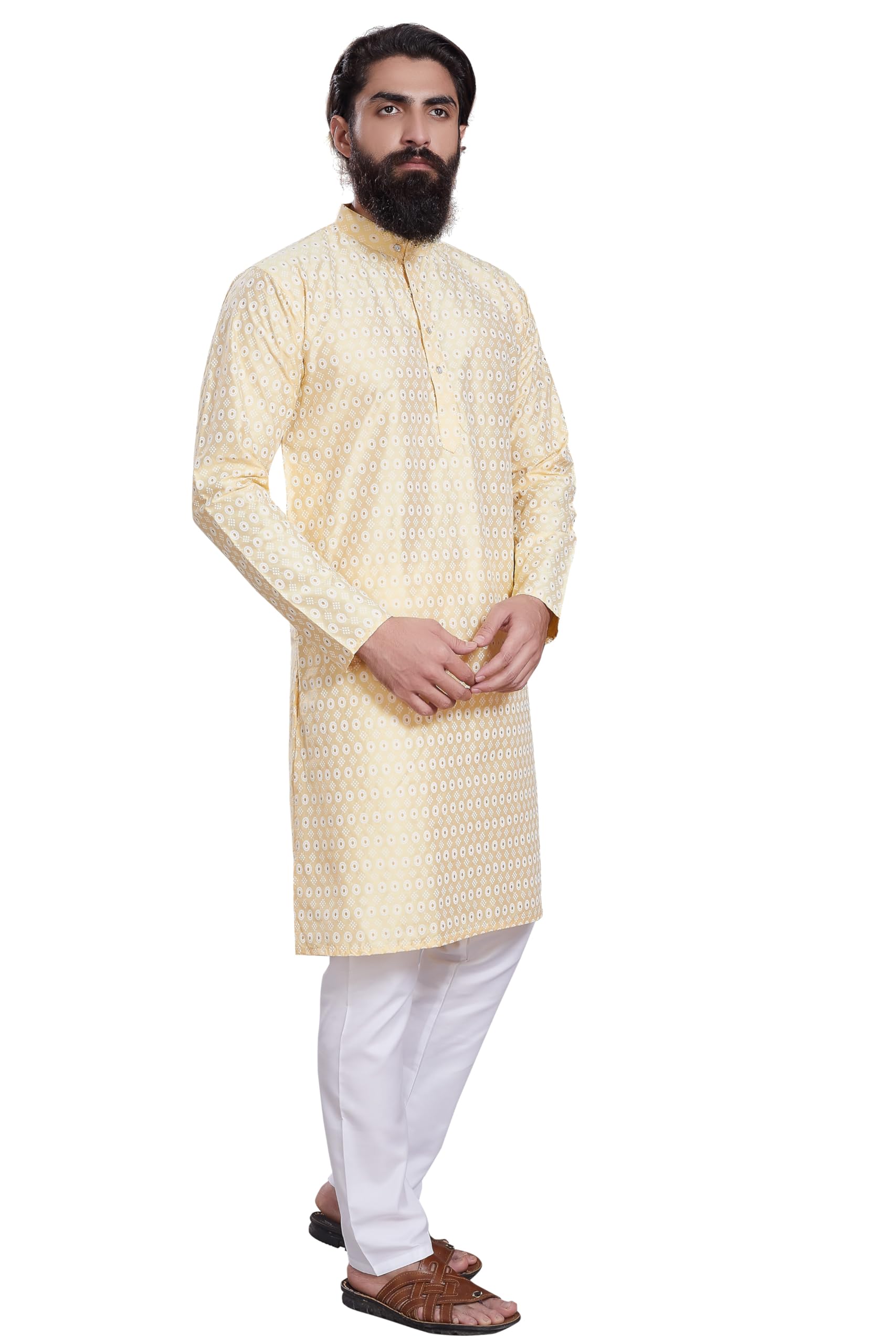 Divisive Men's Printed Cotton Silk Blend Only Slim Fit Kurta (Dkrt214_L_Lt Yellow)