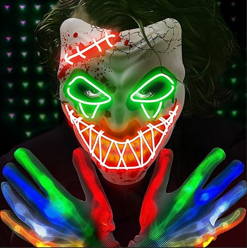JOINBO Juego de guantes de payaso con máscara de Halloween, 3 modos de iluminación, máscara de purga LED aterradora con guantes LED brillantes,