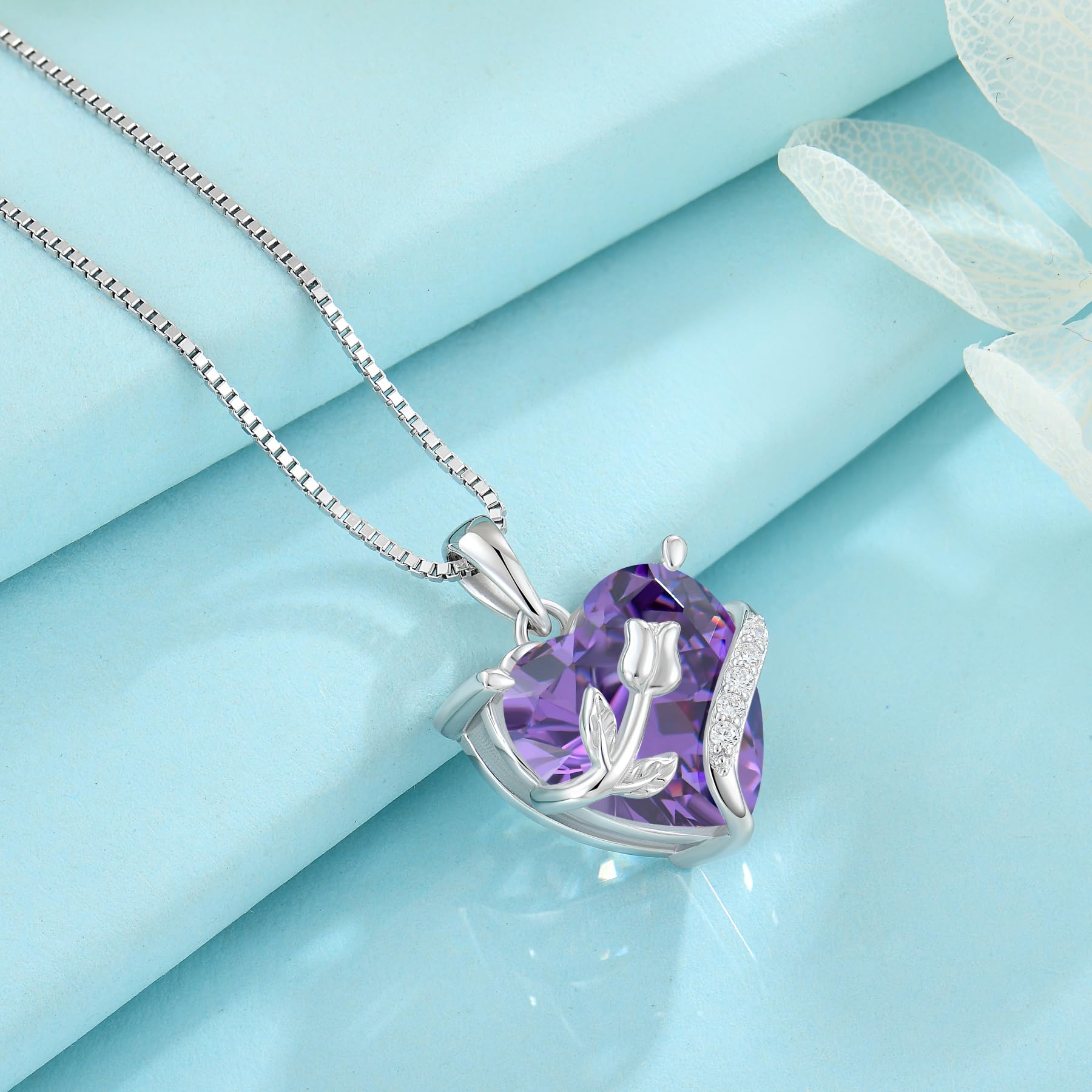 Herz Rose Kette Damen Silver Zirconia Geburtsstein Schmuck Muttertag Geburtstag Weihnachten Valentinstag Geschenke für Frauen Sie