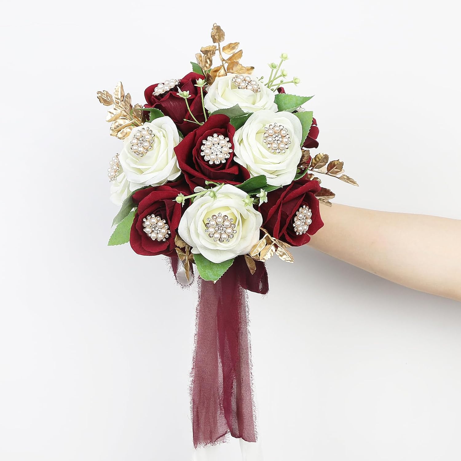 Wedding Bouquets for Bride - Pre-Made Luxury Artificial Bridal Bouquets Roses Flower Bouquets for Vintage Wedding or Centerpieces Decoration - Burgundy & White & Gold - Image 4