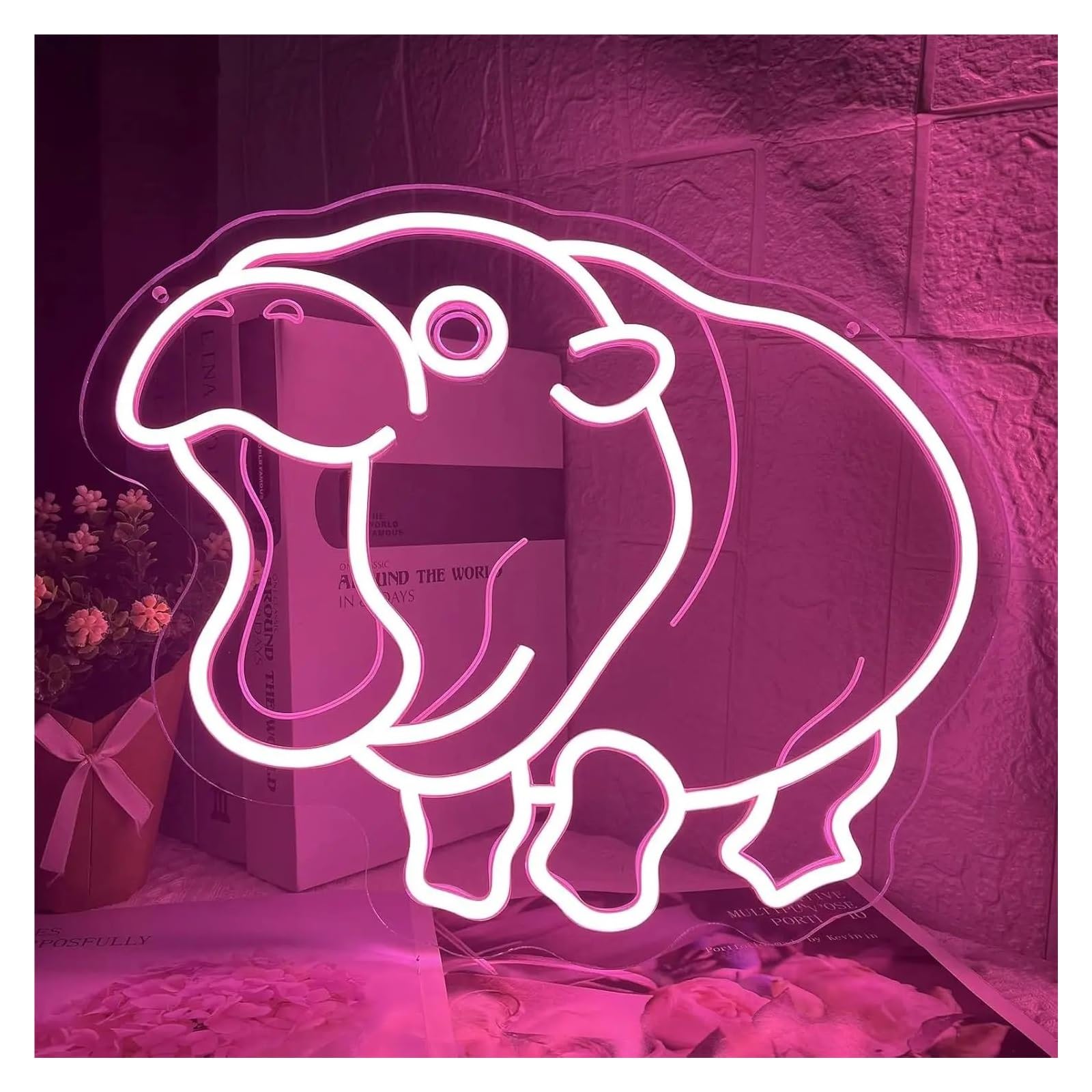XENITE Hanging Art Neon Signs Cute Hippo Neon Lamp with USB Dimming Switch for Children's Bedrooms, Nurseries, Farm-Themed Decorations, and Playrooms 36x30.5cm