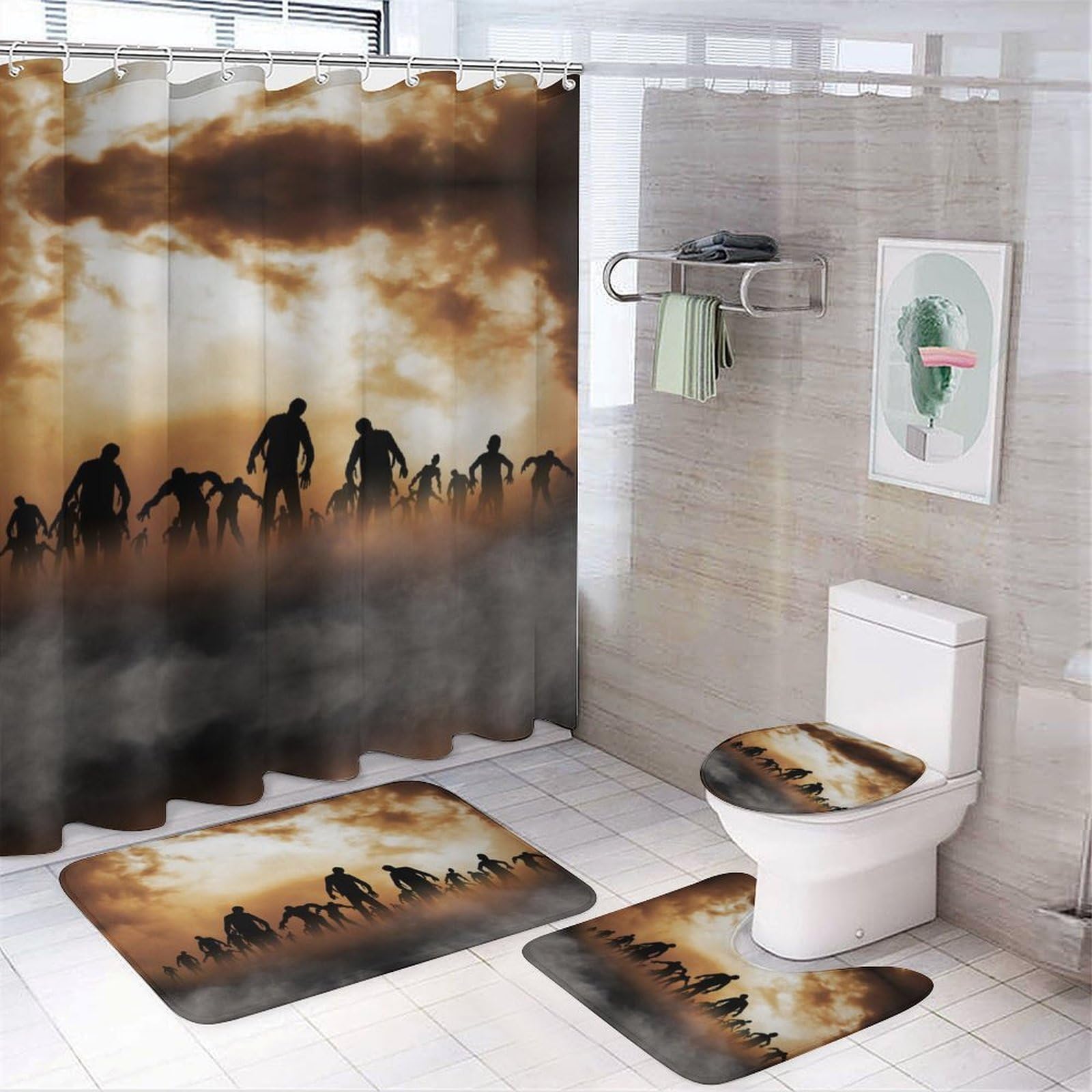 JZemdybill Bathroom Mat Set 4 Piece, Zombies Dead Men Walking Body at Night Shower Curtain with Non-Slip Bath Mats for Bathroom