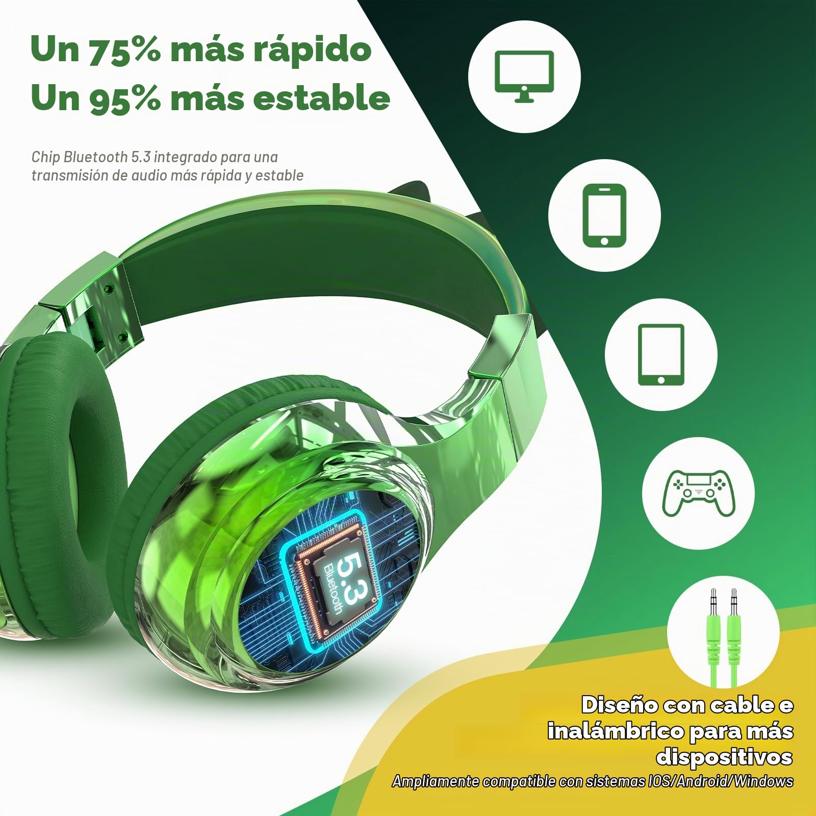 JYPS Auriculares Niños, Metálico Cascos Inalámbricos Bluetooth Niña, 40h Tiempo de Reproducción, 74/85/94dB Limitador Volumen, Bluetooth5.3, Auriculares Infantiles para iPad/Tablet (dinosaurio, verde)