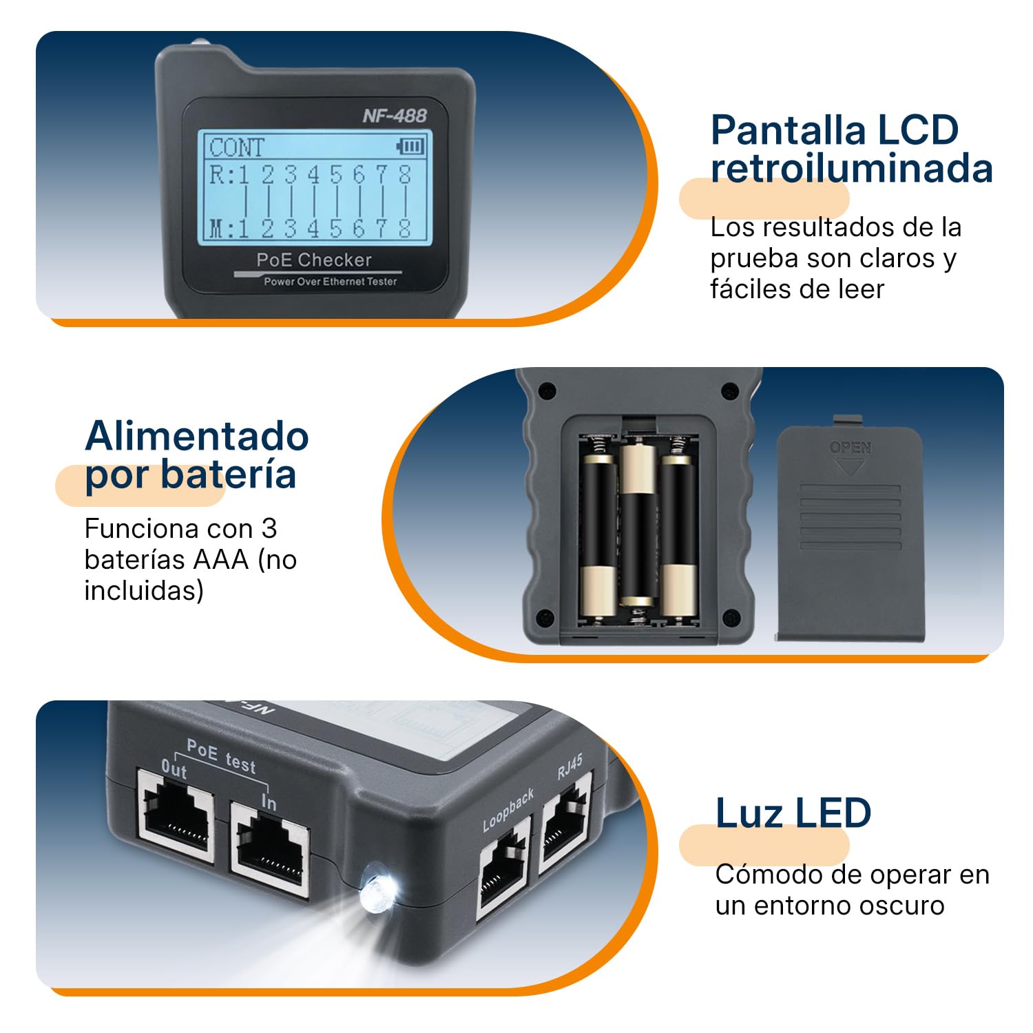 Mcbazel Probador de Red RJ45 con Pantalla LCD, DC Power & Switch Loop-back Test Poe Checker con Rastreador de Cable el Ethernet Kit de Herramientas de Red