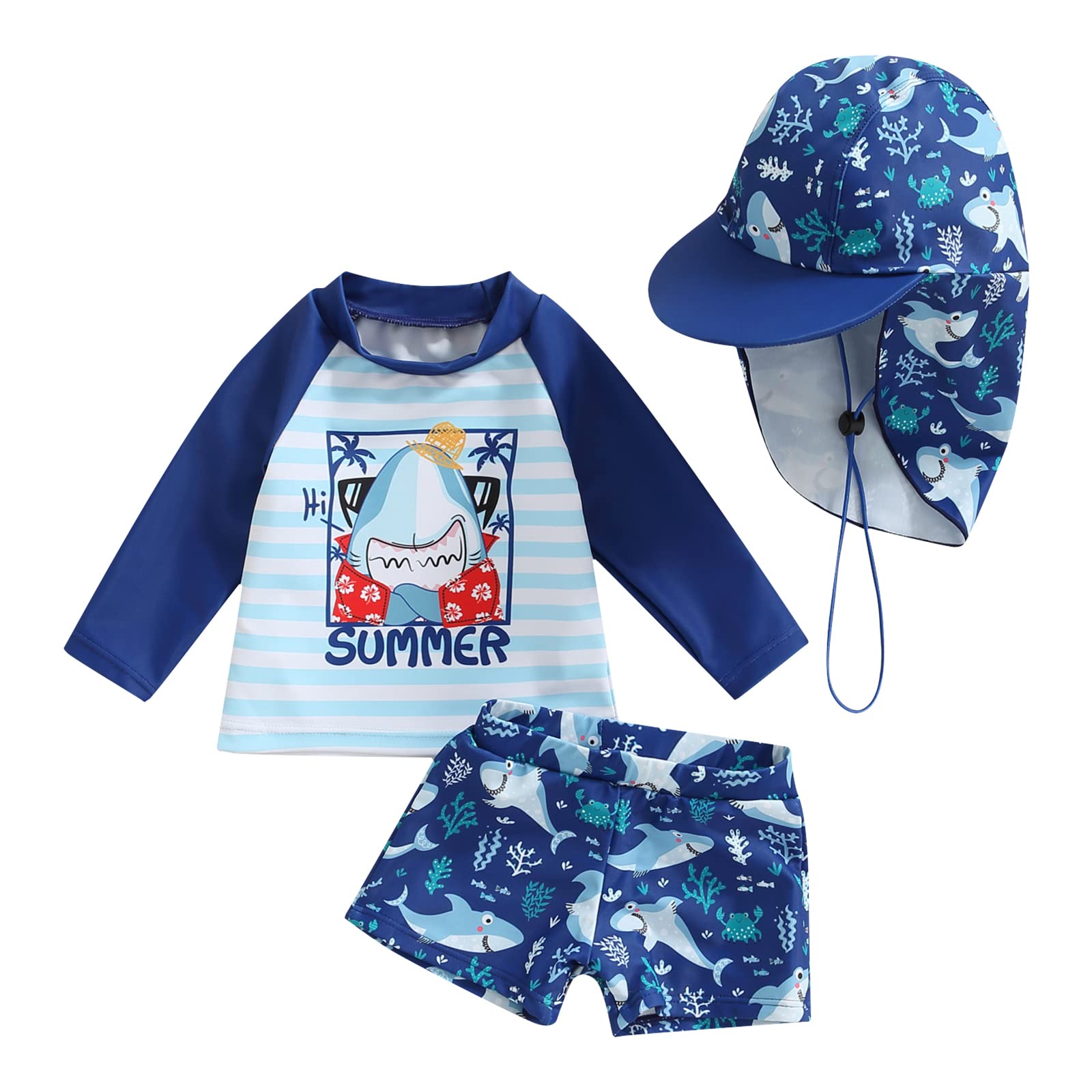 Newbgclo Infant Baby Boys Swimsuit UPF 50+ Rash Guard Sets Zipper Bathing Suit Toddler Boys 3 Pieces Swimwear Summer Sunsuit (B-Blue Shark, 6-12 Months)
