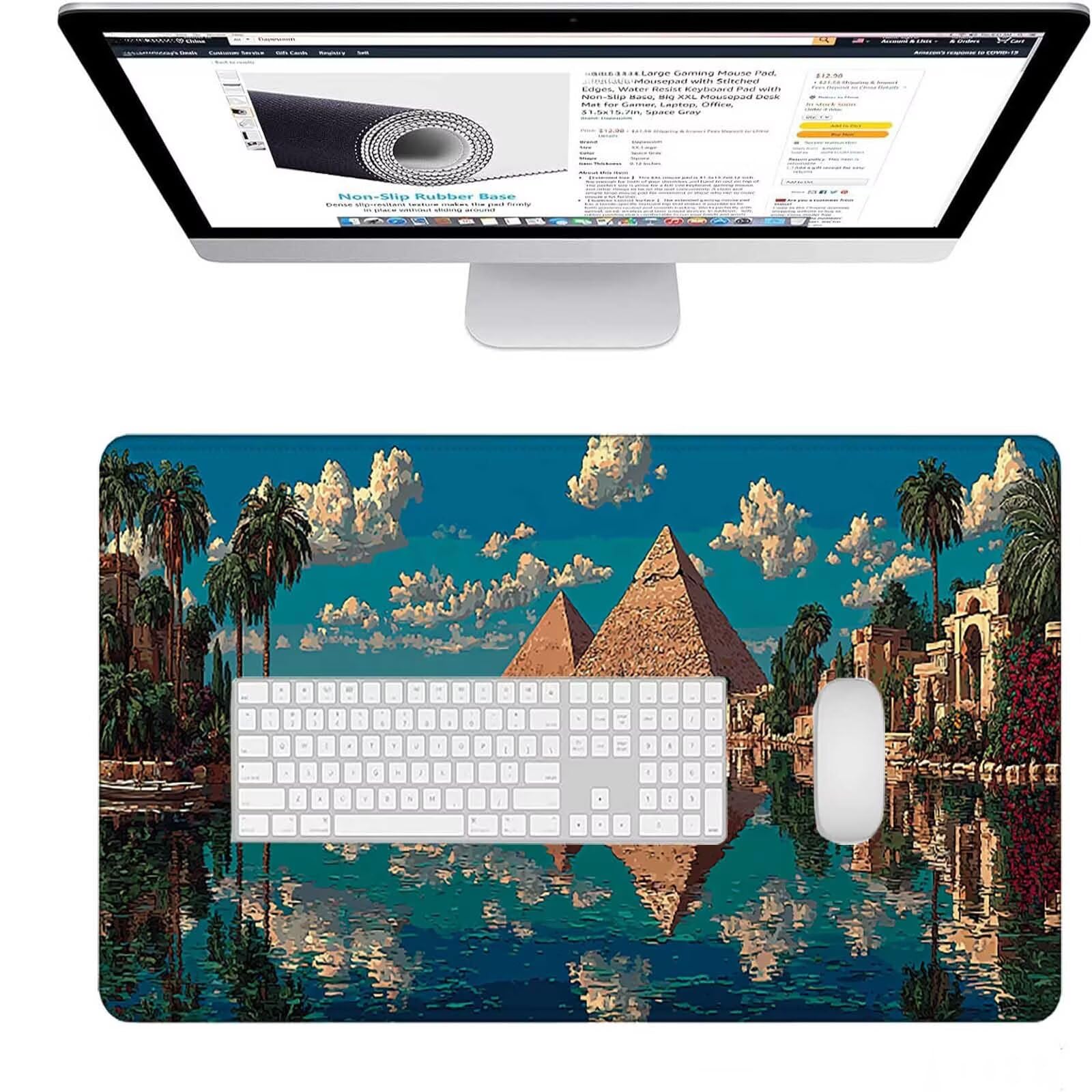 Podkładka pod mysz XXL 1200 x 600 x 3 mm, niebieska podkładka pod mysz do gier Egipt ochraniacz na biurko z szytymi krawędziami, podkładka pod mysz do gier poprawia dokładność i szybkość dla graczy