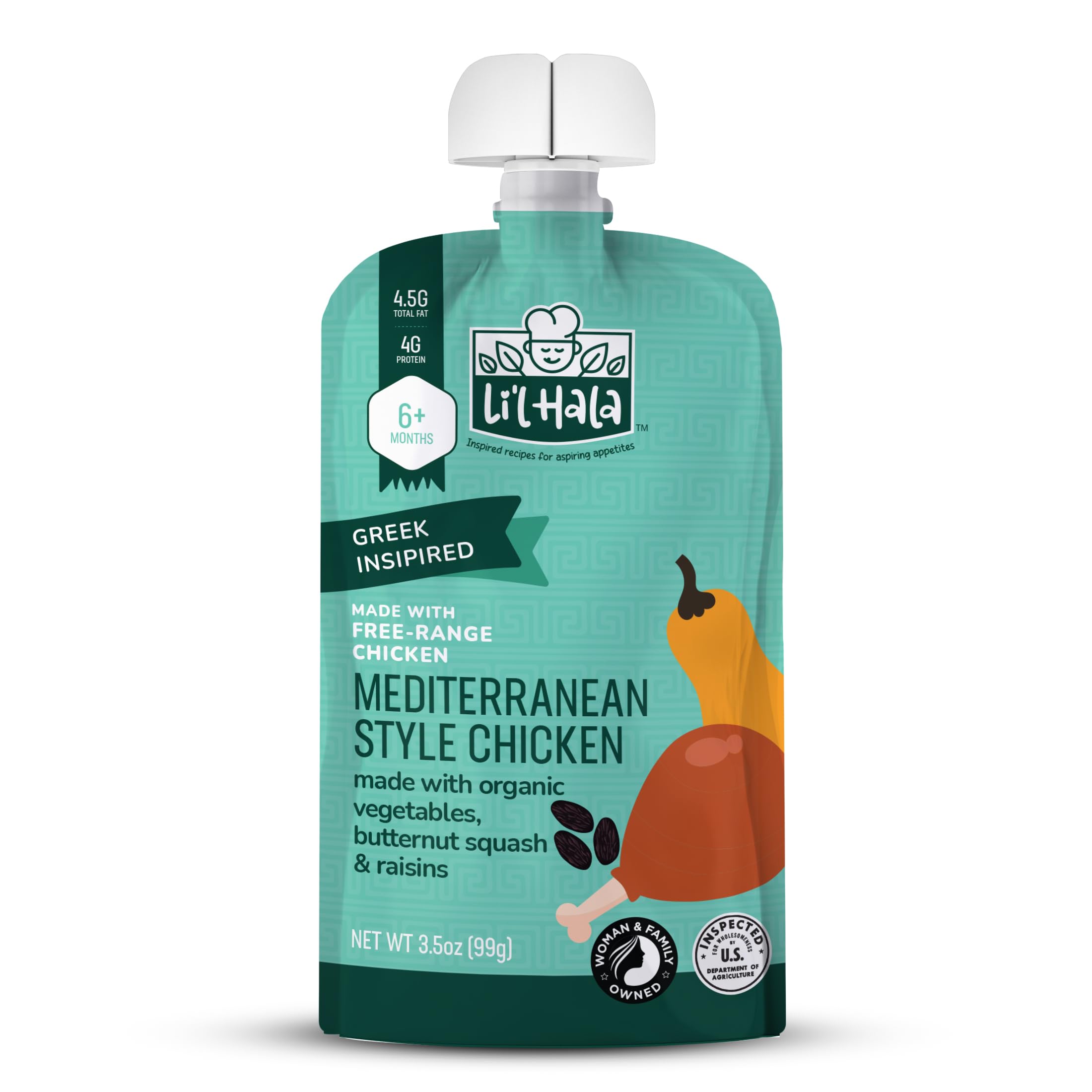 Li’l Hala Mediterranean Chicken – Organic Baby or Toddler Food Pouch (6+ Months) – Free-Range Chicken & Organic Vegetables – No Added Hormones – 3.5 oz - Pack of 12 Pouches