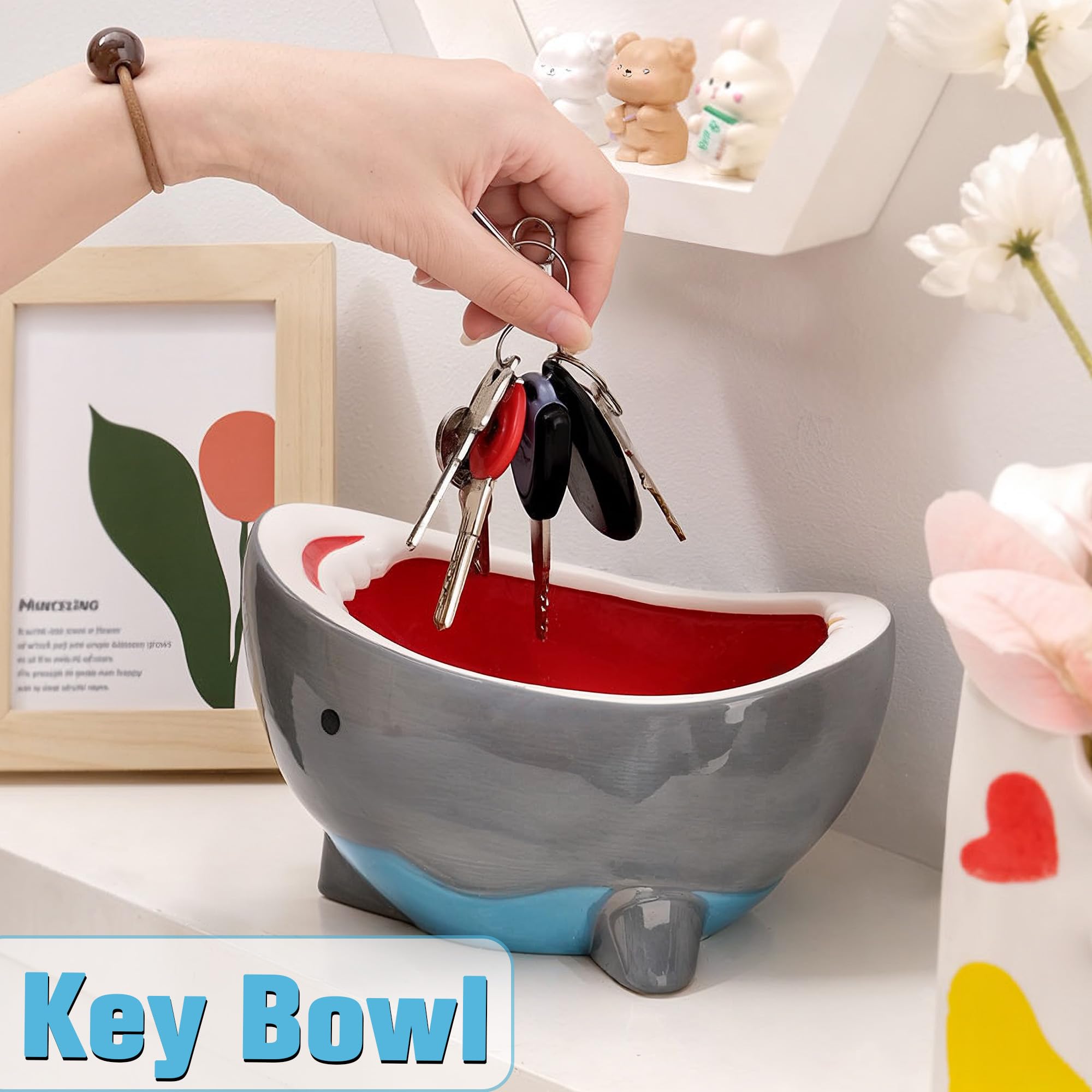 Shark Fruit Bowl for Kitchen Counter, 40 oz Large Decorative Bowls for Home Decor, Cute Key Bowl for Entryway Table, Handmade Ceramic Snack Candy Soup Salad Serving Bowls, Unique Funny Shark Gifts