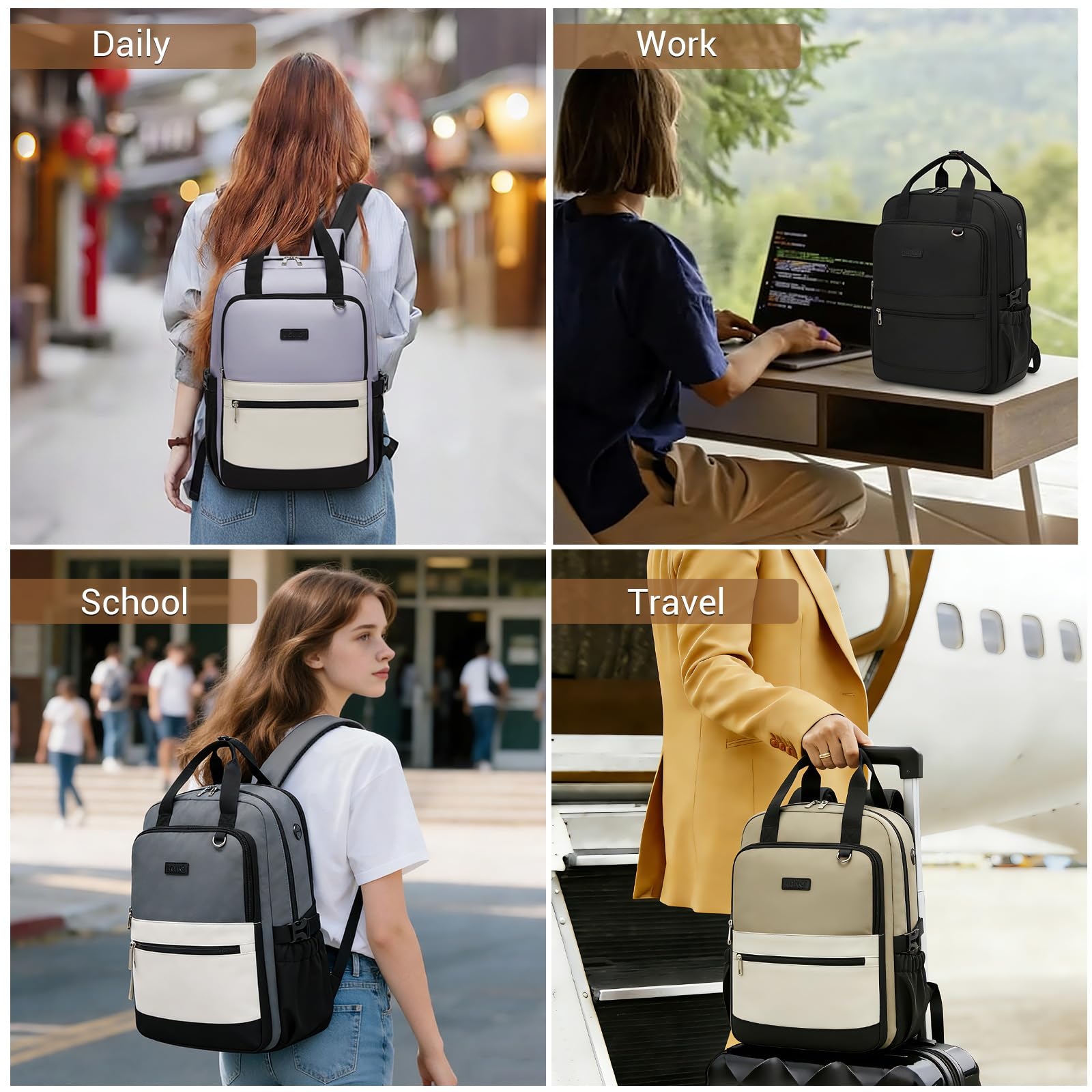Kono Mochila para Portátil 15,6 Pulgadas Mujer, Gran Capacidad, Impermeable con Bolsillo para Botella, Ideal para Trabajo, Universidad, Viajes(Gris/Beige)