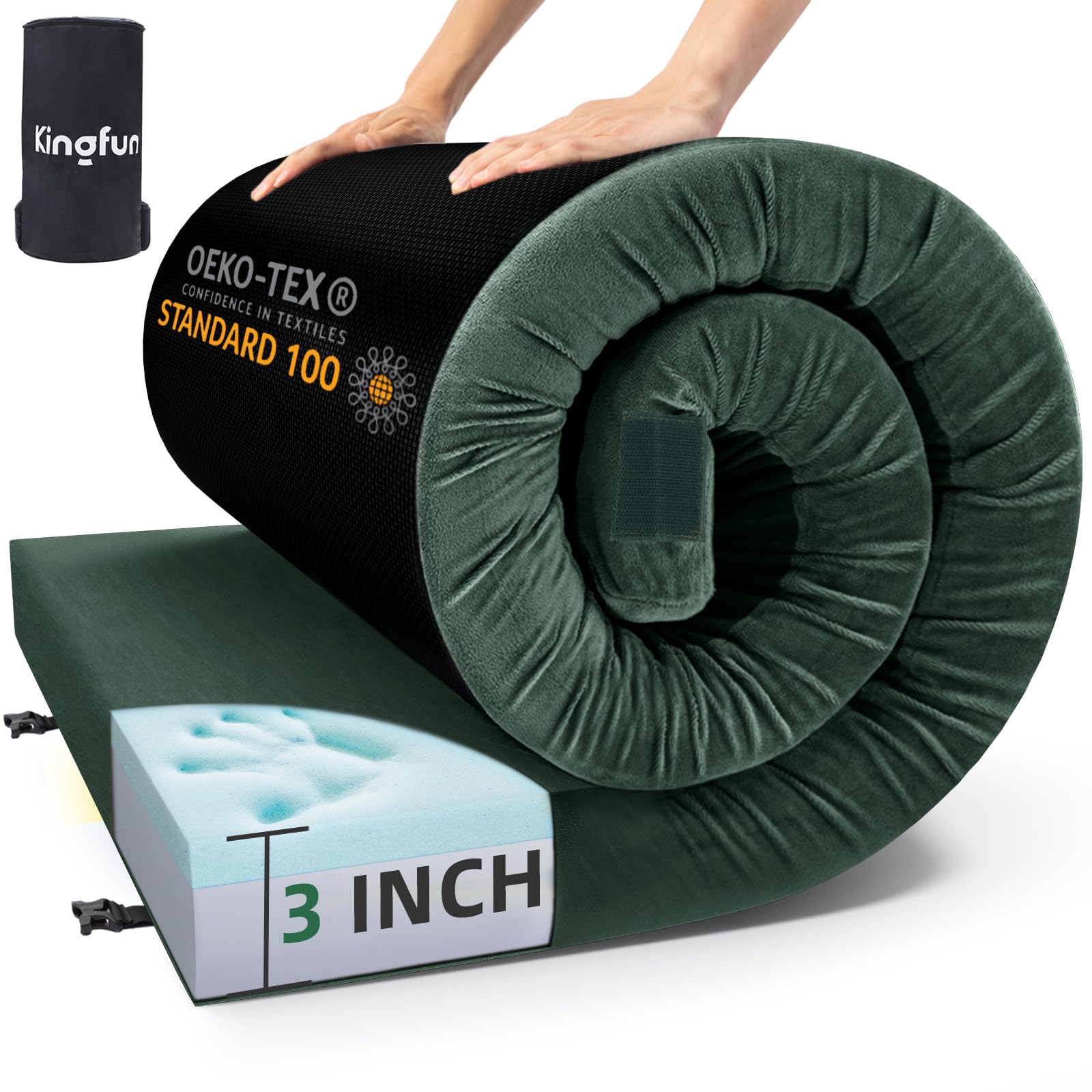 Kingfun 3 Inch CertiPUR-US Memory Foam Camping Mattress Pad, Waterproof Roll up Sleeping Pad, Thick Floor Sleeping Mats for Tent with Removable Travel Bag