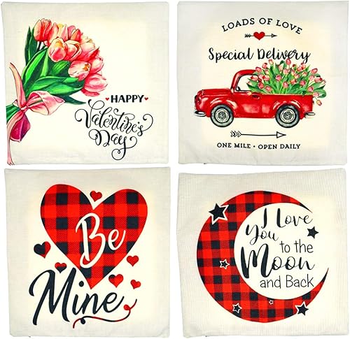 Miniatura 1 de Fundas de almohada de San Valentín 180 x 180in regalo para ella juego de 4 para decoración del hogar rojo negro búfalo corazón amor camión