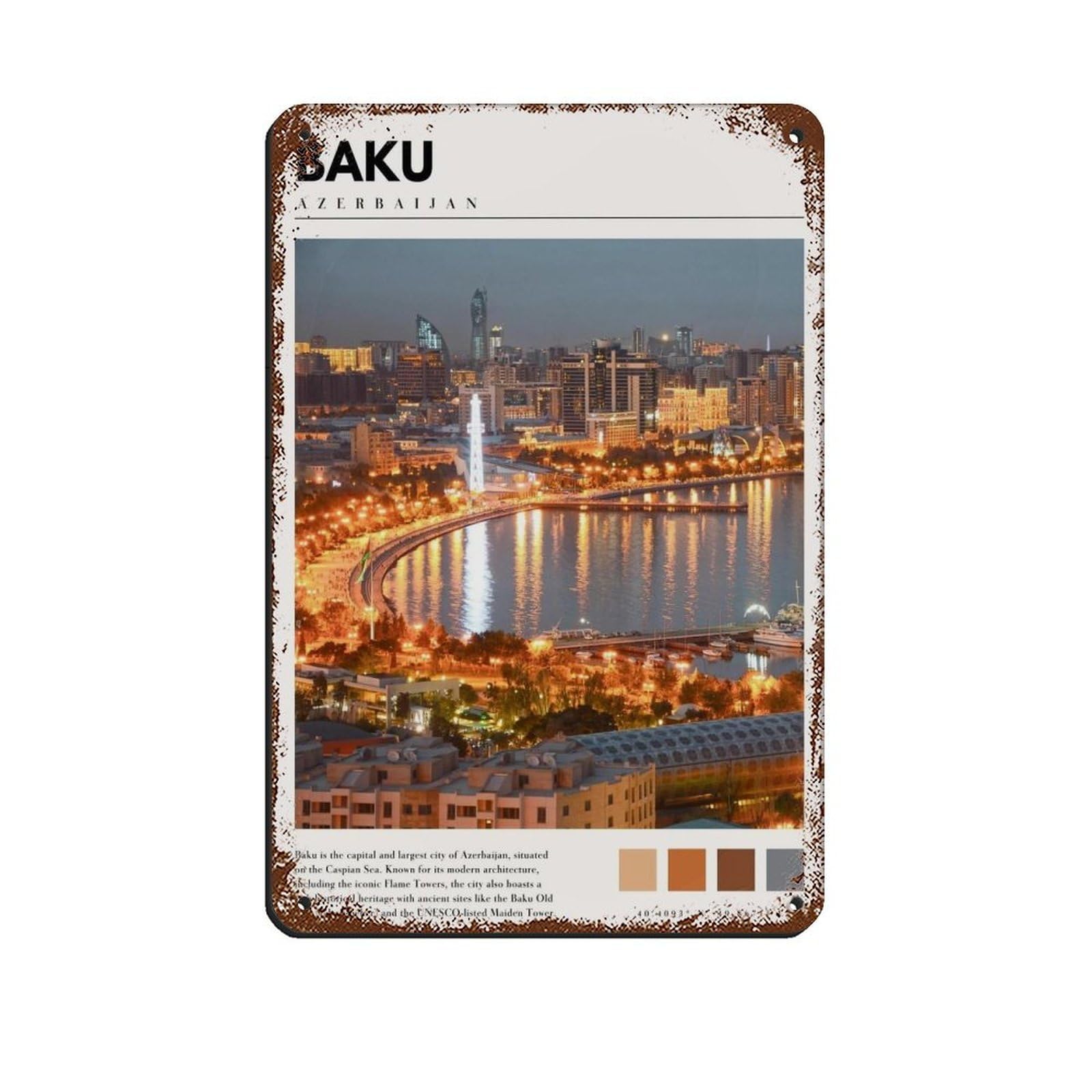 Baku Azerbaijan Art Baku Poster Tin Sign Vintage Metal Pub Club Cafe Bar Home Wall Art Decoration Poster Retro 8x12inch(20x30cm)