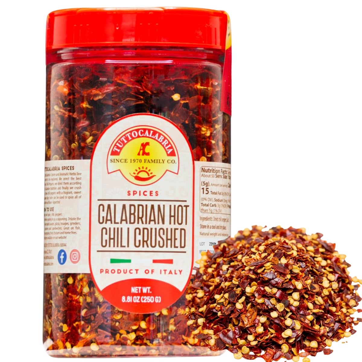 TUTTOCALABRIA Calabrian Crushed Chili Dry Pepper Flakes, Large Shaker, Product of Italy, 250 gm (8.81 oz) All Natural, Non-GMO, Product of Italy