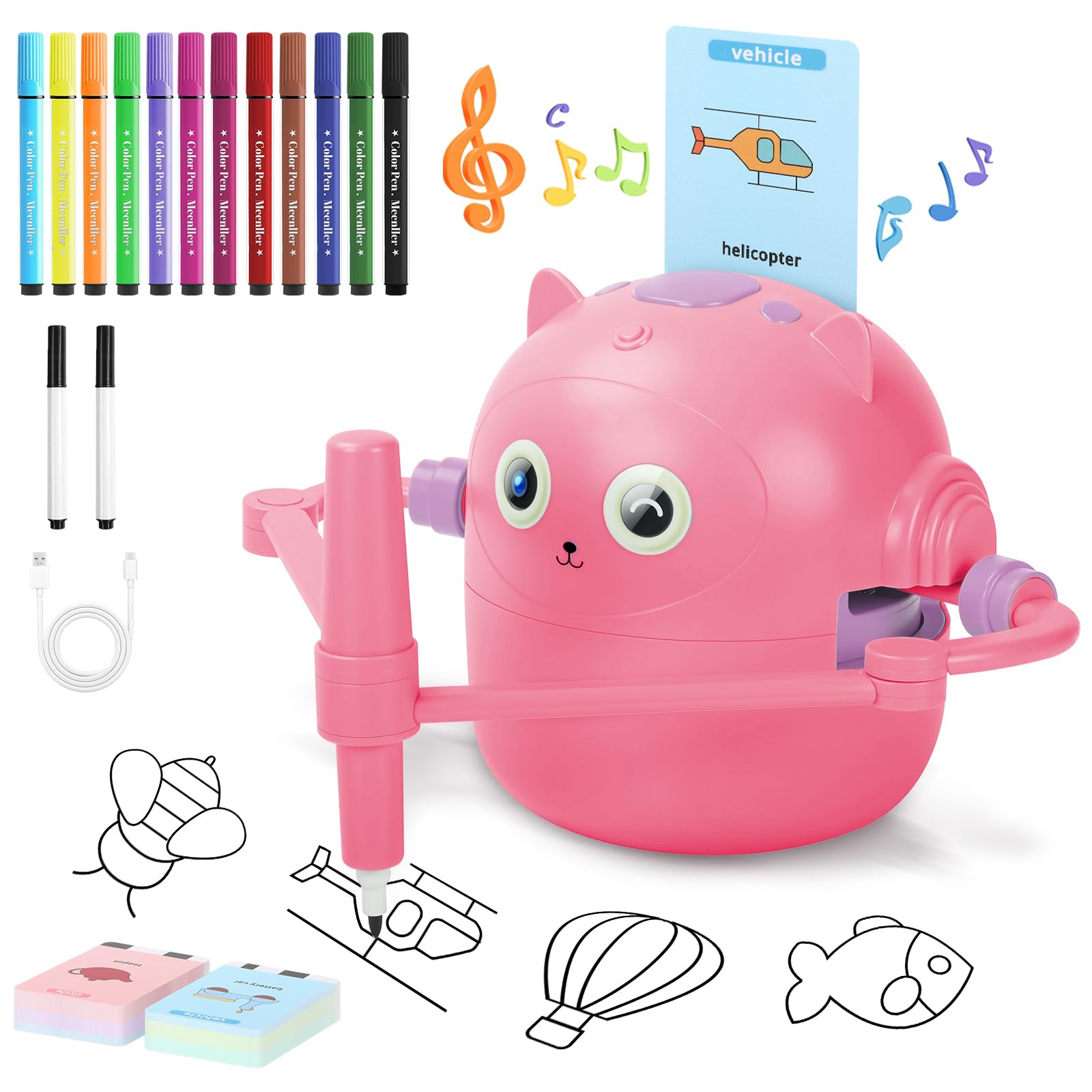 Charmofun Malroboter für Kinder, Zeichenroboter Kinder mit Stift & 100 Karten, Drawing Robot zur Frühkindliche Bildung, Sprachinteraktiver Lernspielzeug für Jungen Mächen ab 3 Jahren (Rosa)