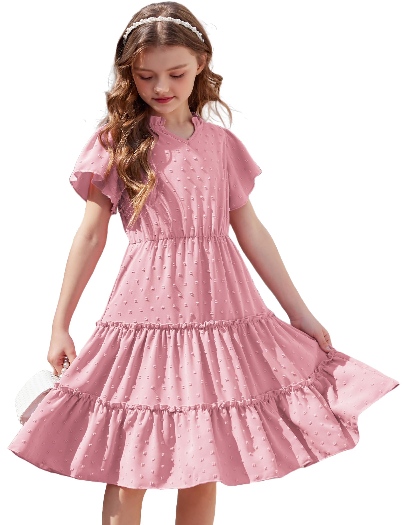 Arshiner Vestidos para Niñas Verano Mangas con Volantes Vestidos de Fiesta con Cuello en V Elegante Vestido de Gasa para Niños Boda en la Playa Vestido Infantil con Bolsillo 3-12 Años