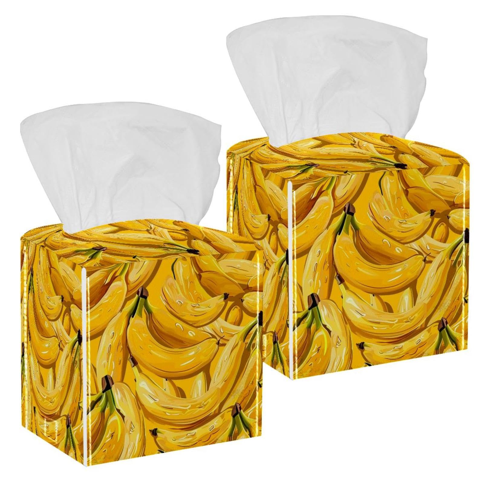 Golden Banana Tissue Box Cover, 2 Pack PU Leather Square Facial Tissue Dispenser Box holder for Home Office Car
