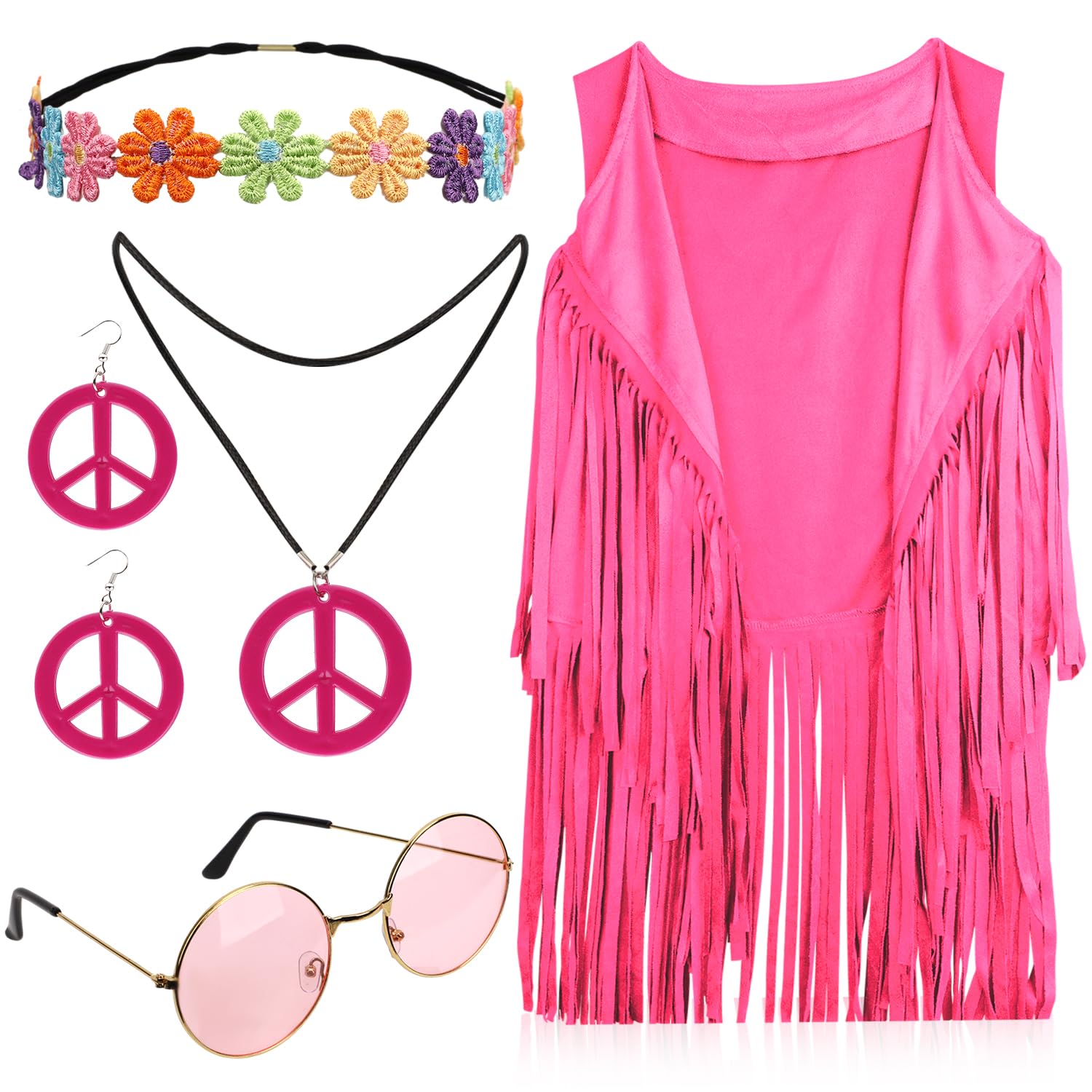 Conjunto de Disfraces de Hippies, Disfraz Hippie Mujer Años 70 Que Incluye Camiseta Sin Mangas con Flecos, Aretes, Collar, Diadema, Gafas de Sol Vintage, Chaleco con Flecos