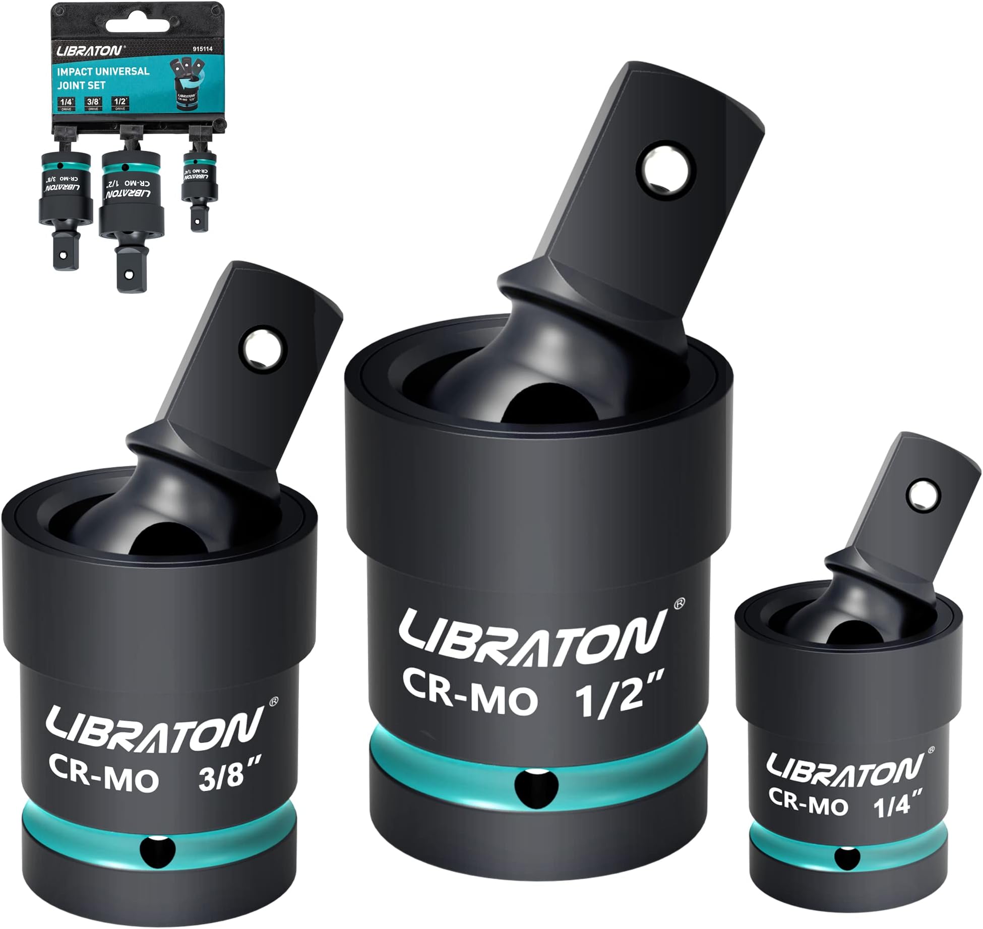 Libraton Swivel Socket Set, Impact Grade Universal Joint, 3 Pieces Ball Spring Design, Cr-Mo Steel, 1/4-Inch, 3/8-Inch, 1/2-Inch U-Joint Drive