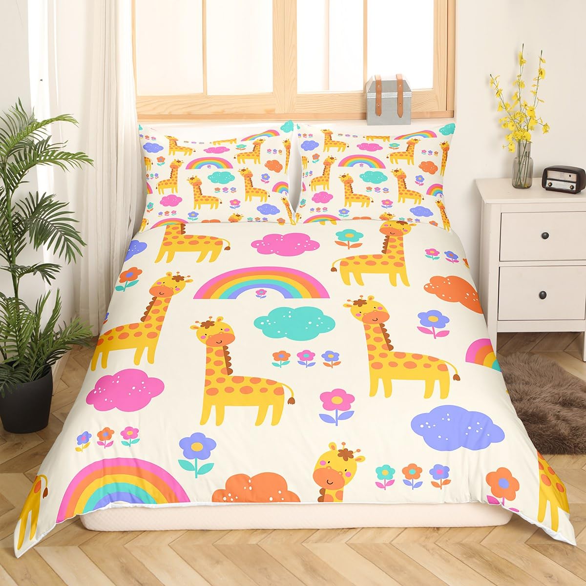 Copripiumino singolo con giraffa a fumetti per ragazzi e ragazze, set di biancheria da letto arcobaleno adorabile per bambini, donne e uomini, ultra morbido, set di copripiumino arcobaleno per bambini