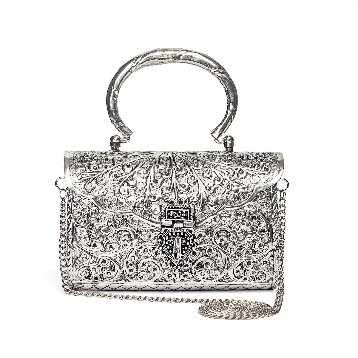 RABHYA HANDICRAFTS German Silver Floral Engraved Clutch Purse with Chain & Handle | Handmade Ethnic Metal Handbag | Wedding, Festive & Bridal Gifting