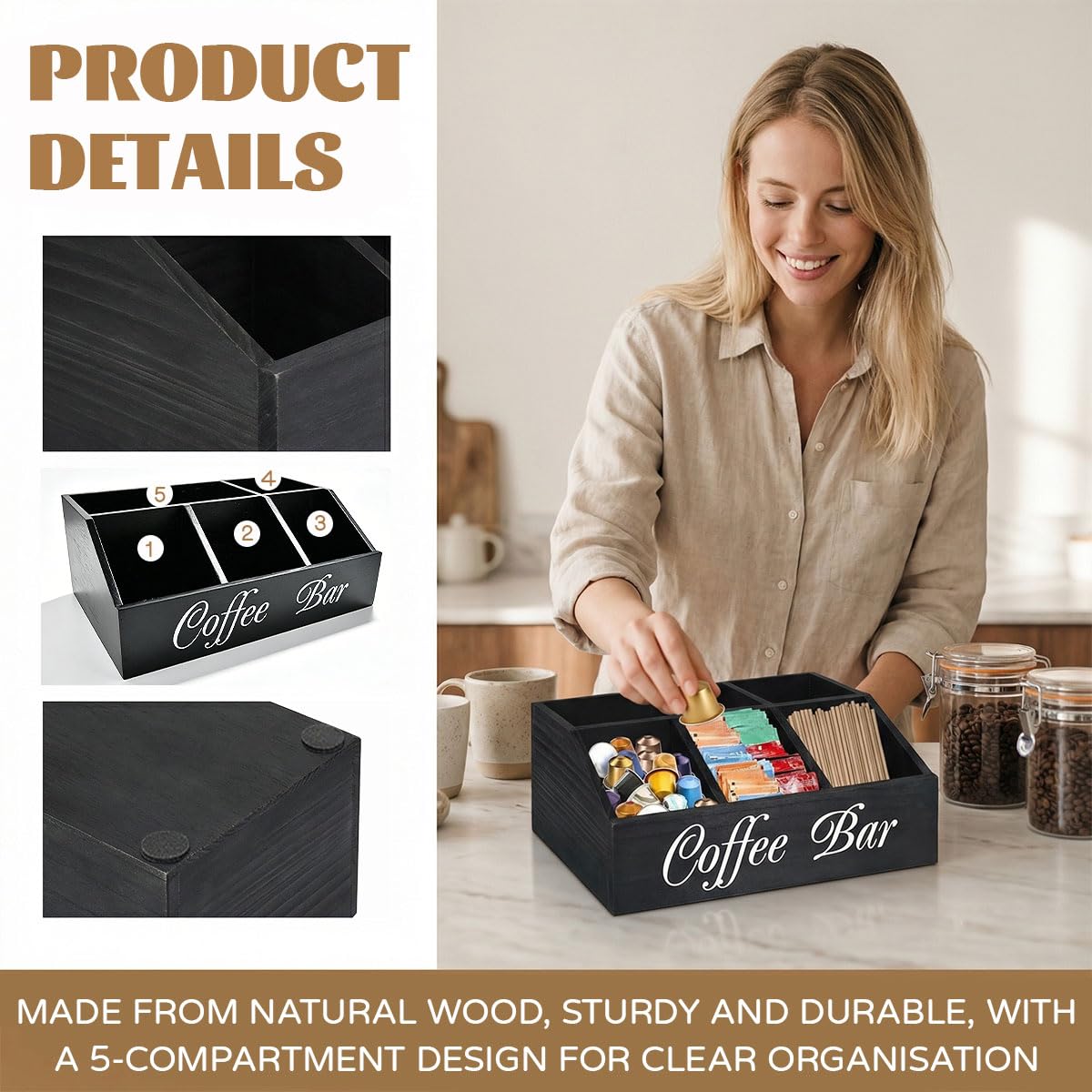 Organizador de Café y Té de Madera de Tung con 5 Compartimentos Estación de Condimentos de Café 30x19,5x12cm Rincon del Cafe para Ordenar Vasos Cucharas Capsulas Azucar con Base Antideslizante