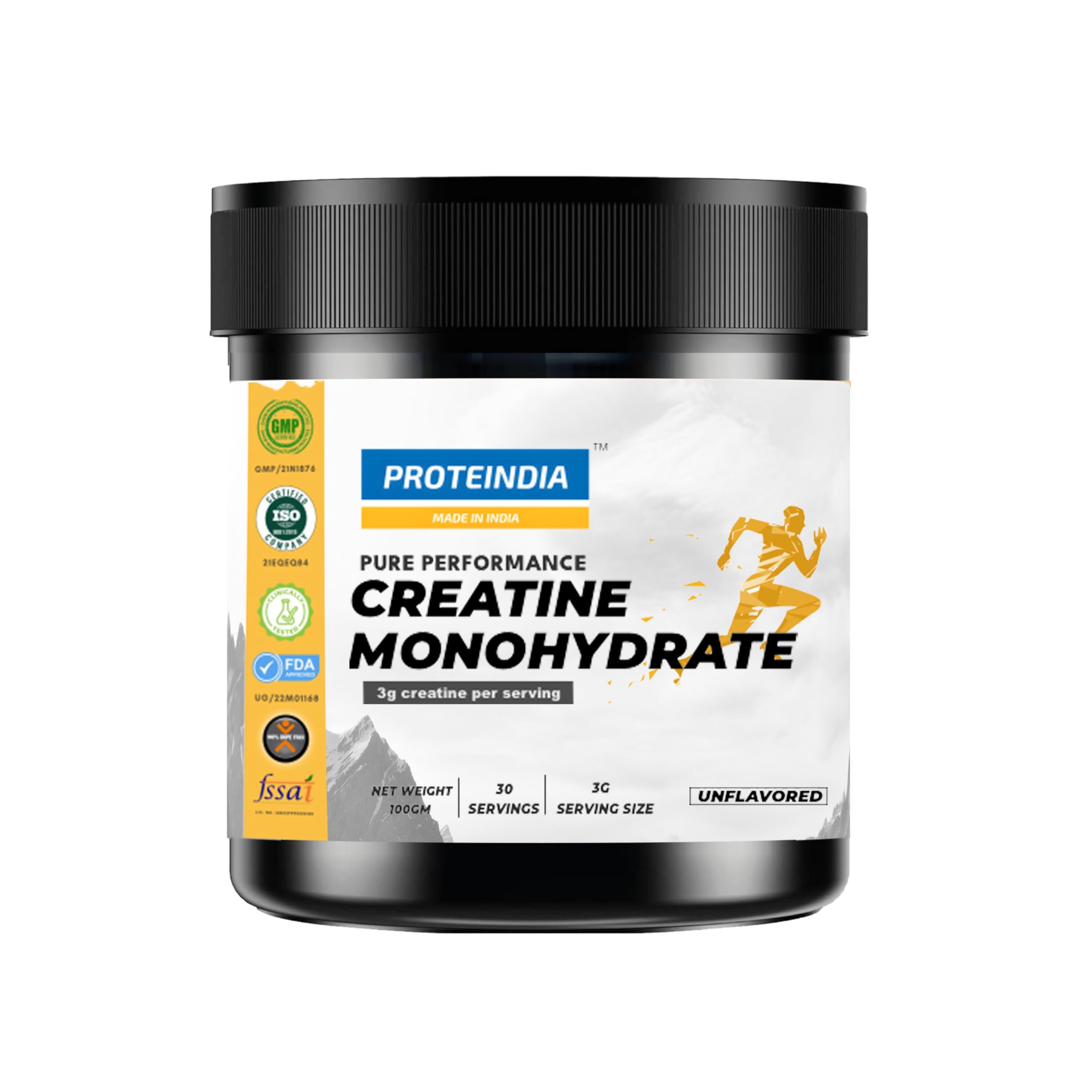 Proteindia- Pure Creatine Monohydrate (Unflavoured, 30 Servings) | Perfect for athletes, bodybuilders, and fitness enthusiasts | enhances strength, power, and endurance during intense workouts