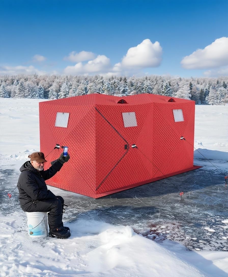 Pop-Up Ice Fishing Tent, 6-8 Person Portable Hub-Style Insulated Ice Fishing Shelter with Carrying Bag, Zippered Door, Wind Rope & Anchors, for Winter Ice Fishing