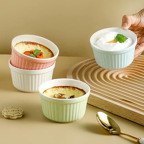 Miniatura 3 de Juego de 4 moldes de cerámica para hornear y postres, cuencos de porcelana aptos para horno para crema brulee, souffles, pudines y salsas, tazas