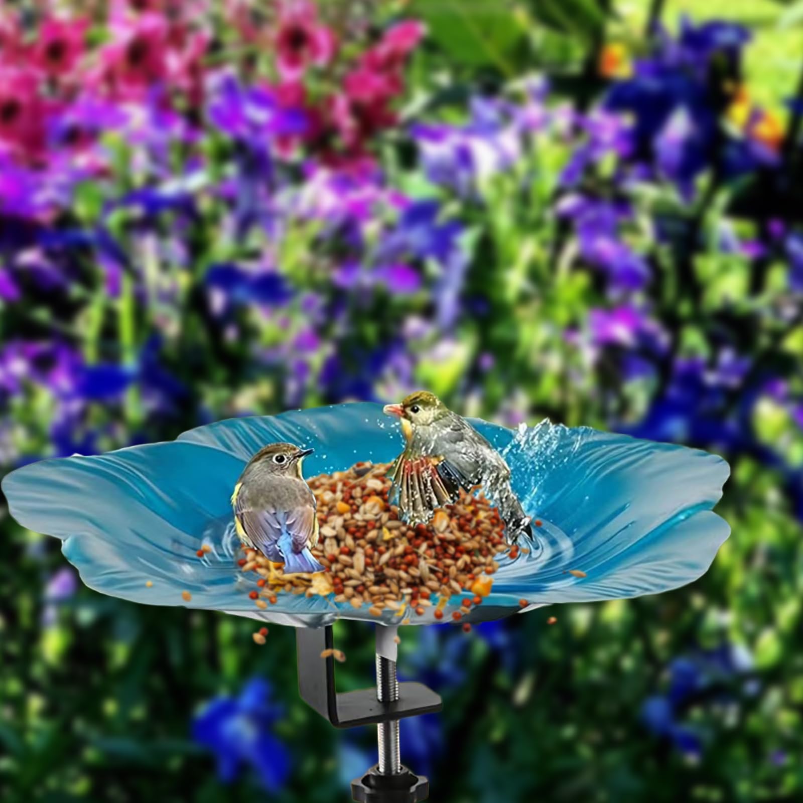 Abbeveratoio per uccelli in piedi blu – 32 x 32 x 5 cm – Abbeveratoio da giardino – per esterni, balcone e soluzione resistente al gelo e all'inverno – in metallo – Un ottimo regalo per gli