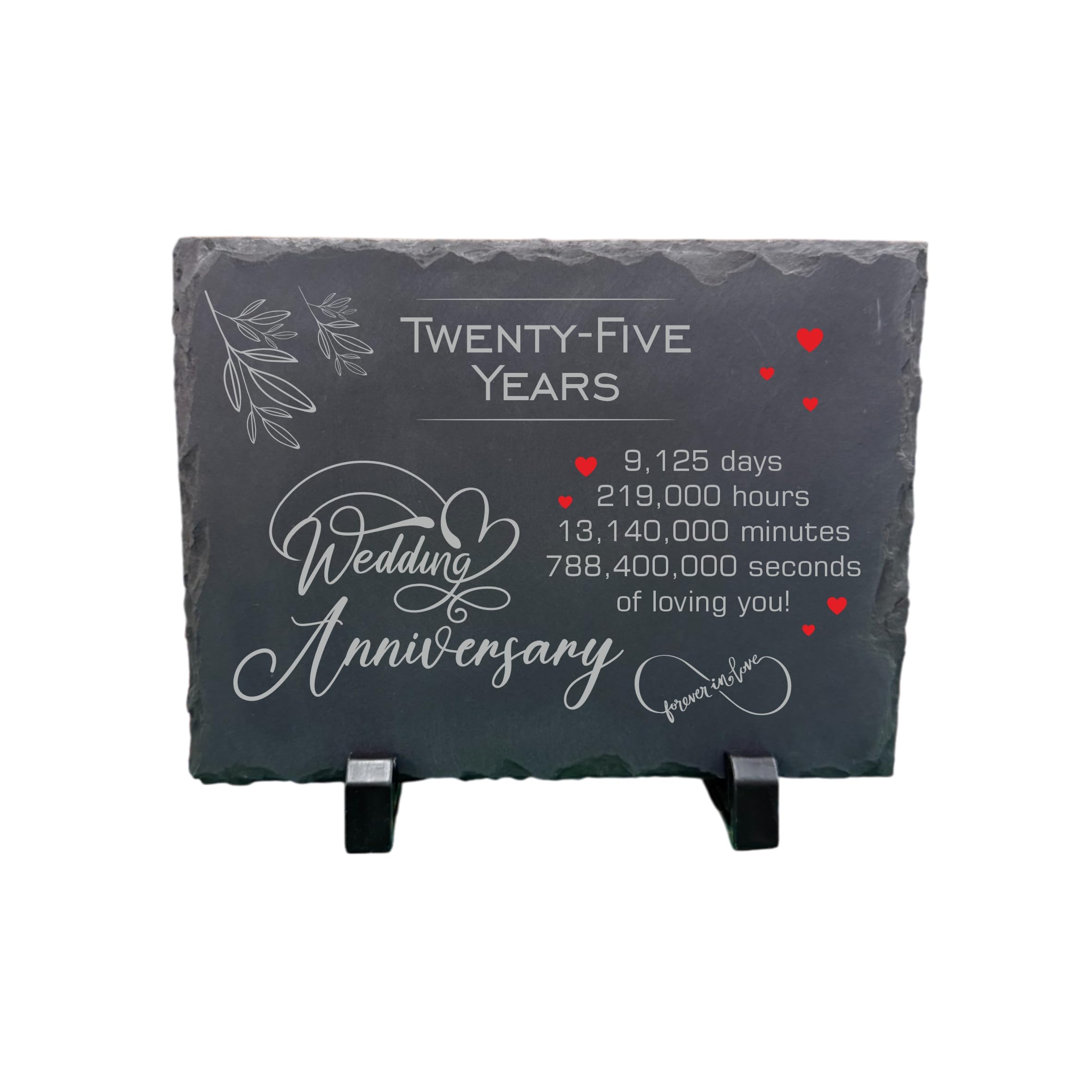 Precision Designs Black 25Th Wedding Anniversary Slate – Handcrafted Natural Stone Plaque With Stand – Romantic Twenty-Five Year Keepsake – 9,125 Days Of Love – Forever In Love Design - 20Cm X 15Cm