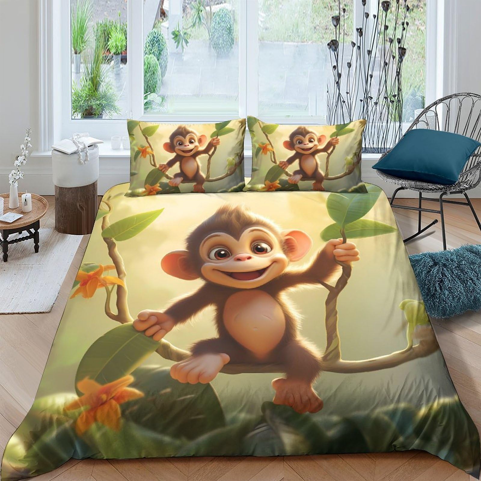 Ctjqhvkz Style-1 3D Printed Cartoon Monkey Fitted Sheet Microfiber Soft Jungle Leaves Mattress Cover For Bedroom Dorm Easy Care Decor Single（135X200cm）